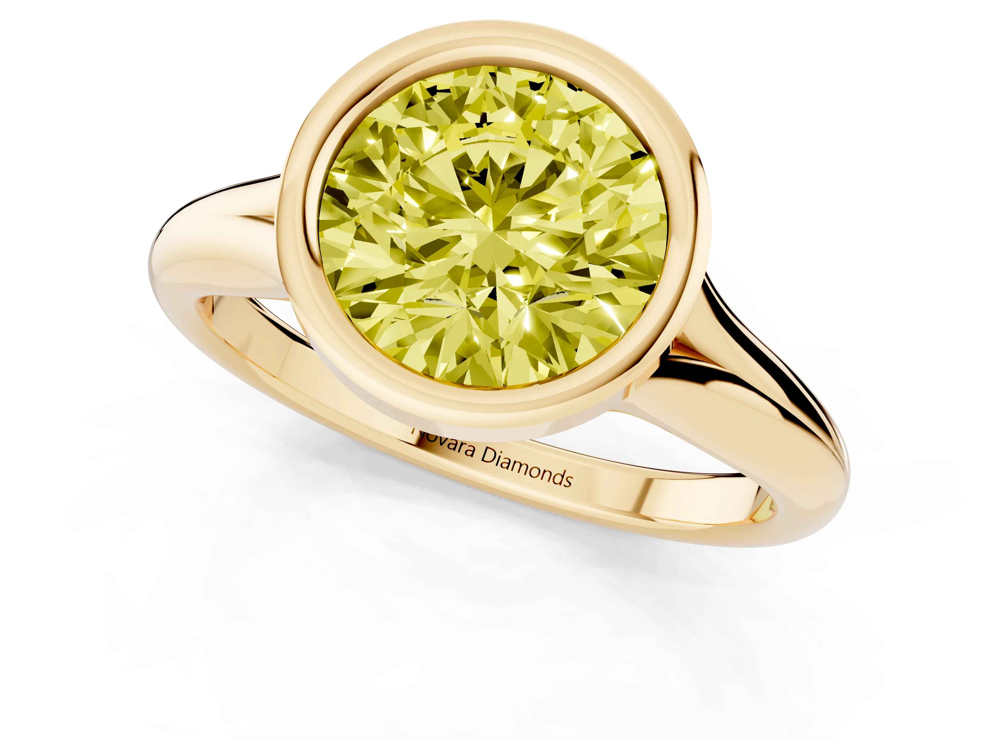 Fancy Yellow Bezel Set Round Cut Diamond Solitaire Ring Set in Yellow gold with Smooth Band