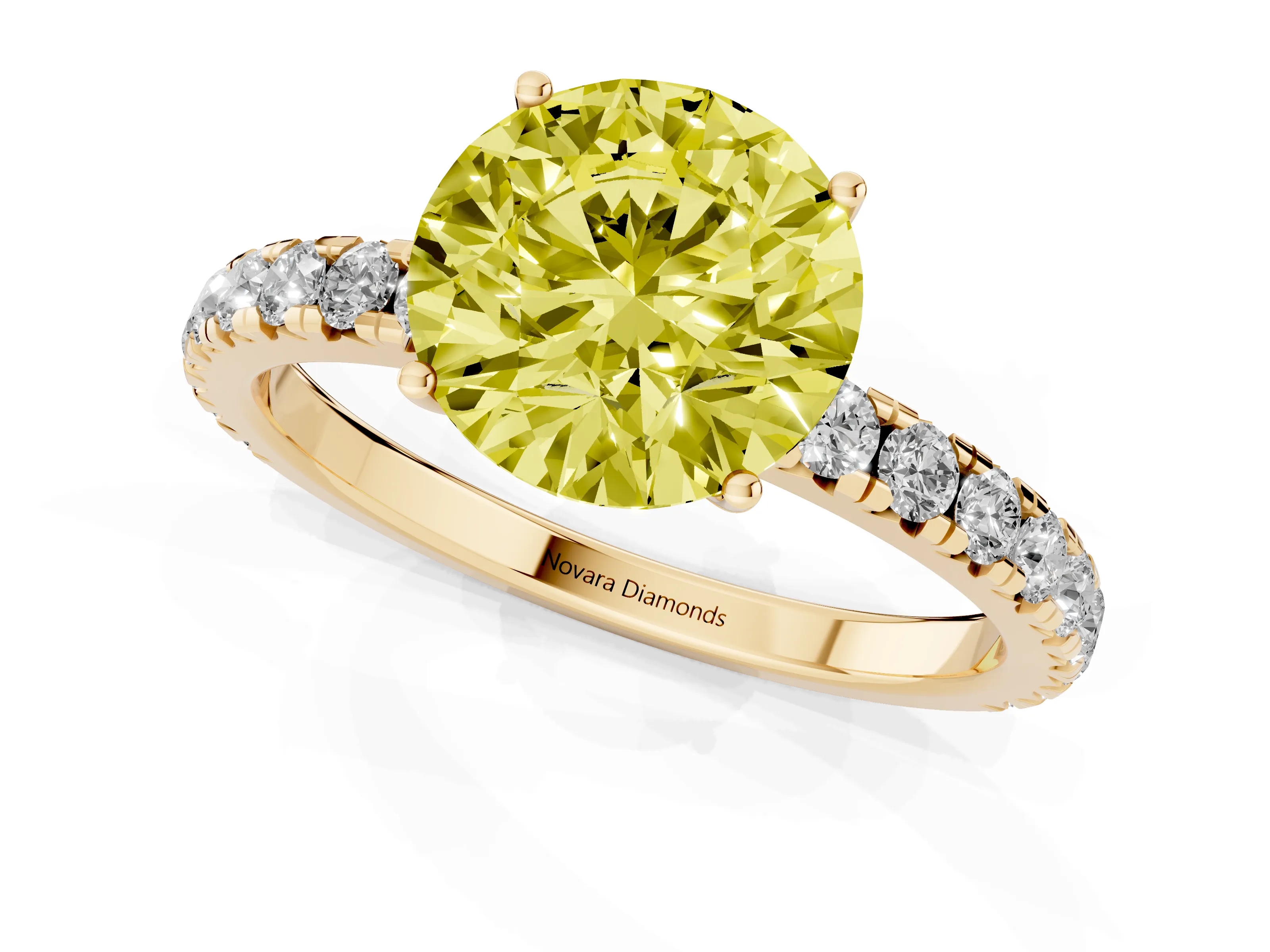 Fancy Yellow Round Cut Diamond Pavé Solitaire Engagement Ring Set in Yellow gold with Prong Setting