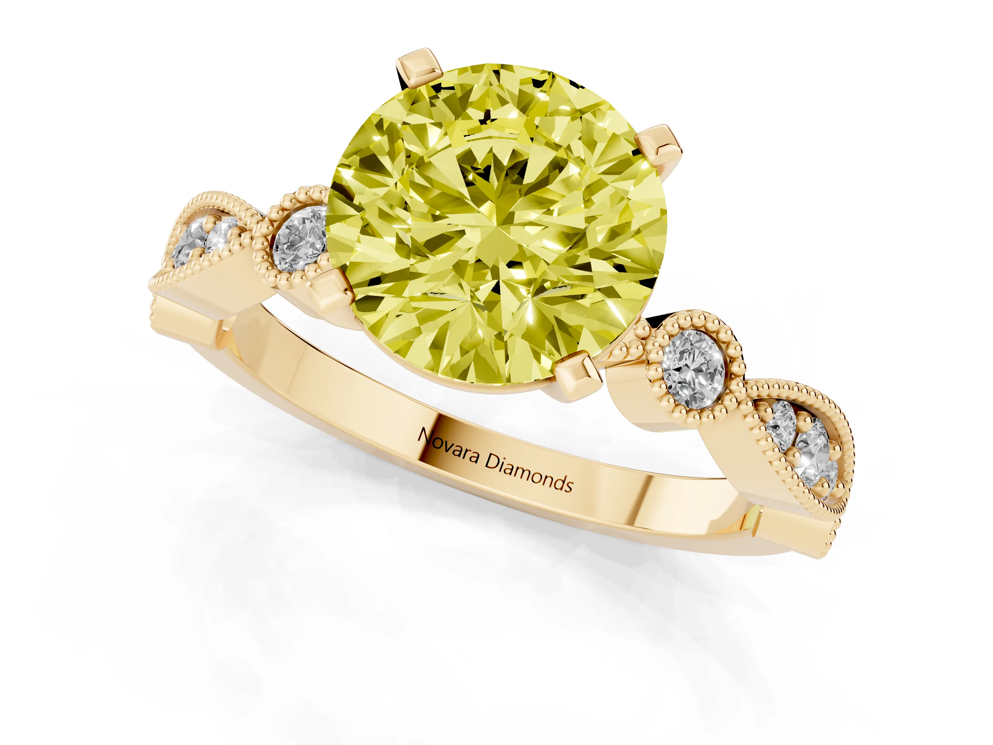 Fancy Yellow Round Cut Diamond Solitaire Engagement Ring Set in Yellow gold with Milgrain Bezel Accent Band