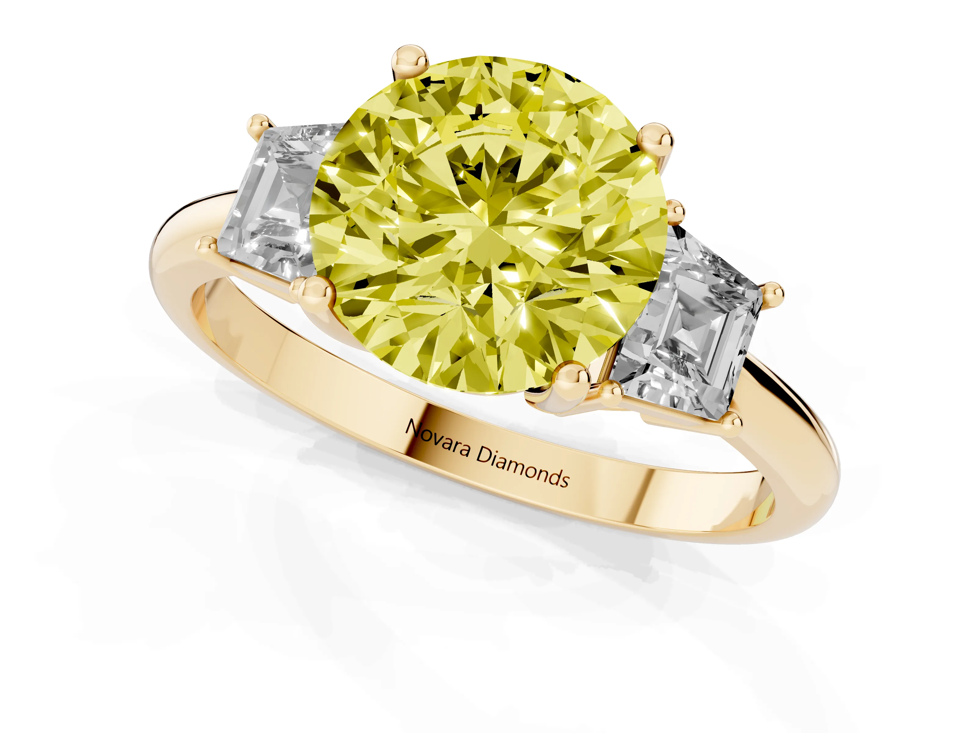 Fancy Yellow Round Cut Diamond Three-Stone Ring Set in Yellow gold with Trapezoid Side Stones and Prong Setting