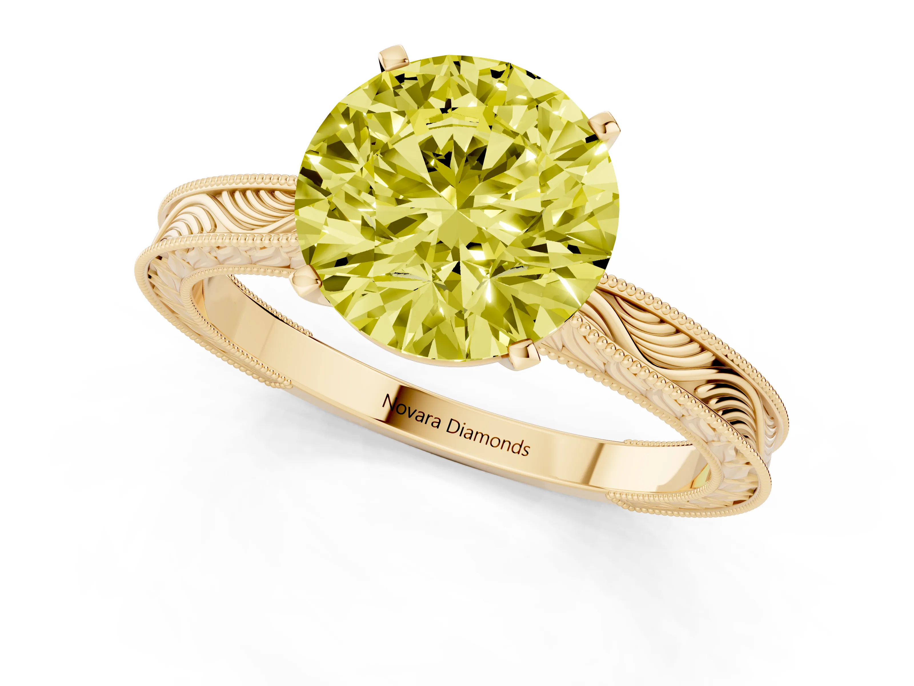 Fancy Yellow Round Cut Diamond Solitaire Milgrain Engraved Band Set in Yellow gold with Prong Setting