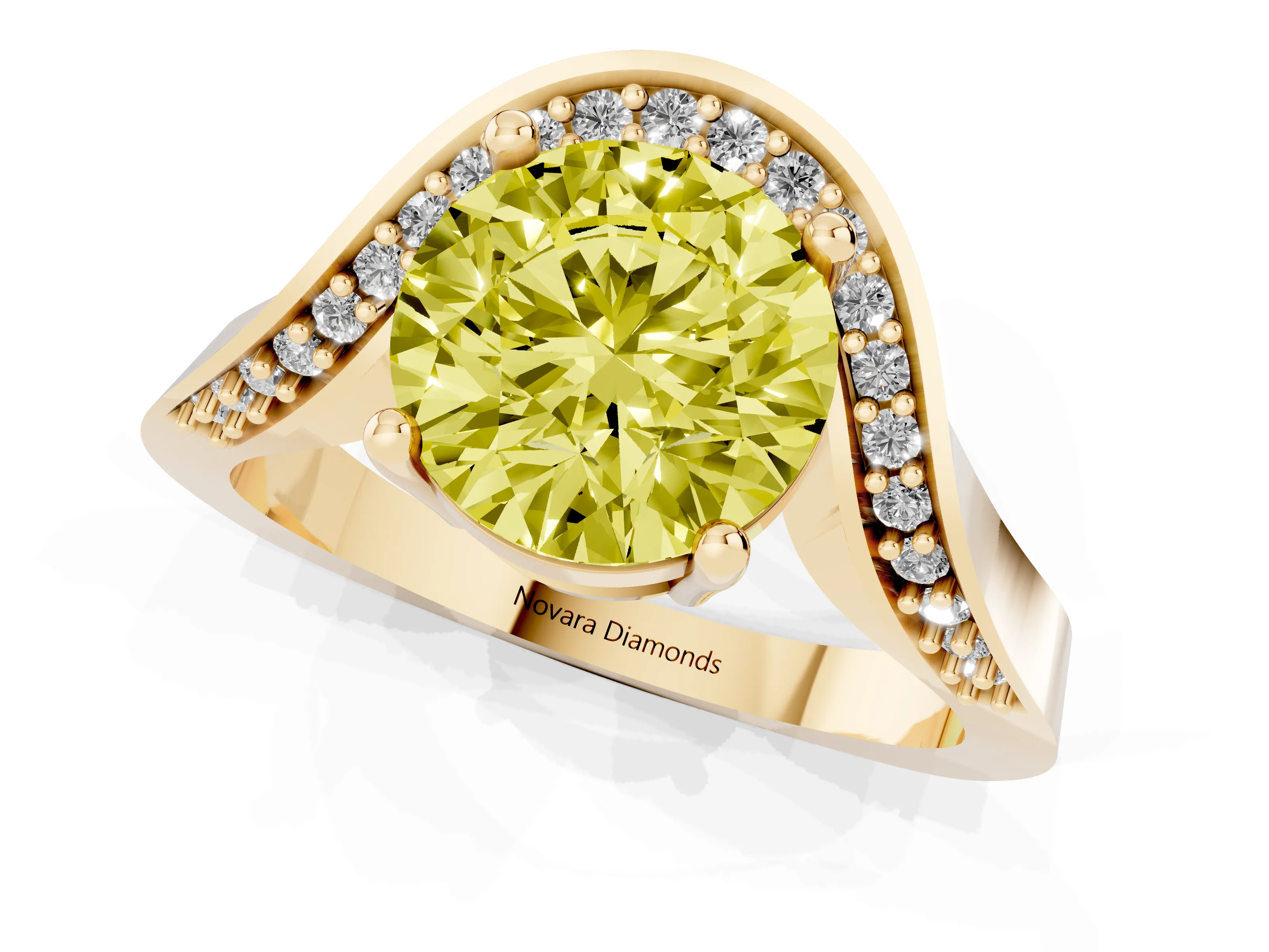 Fancy Yellow Round Cut Diamond Solitaire Engagement Ring Set in Yellow gold with Pavé Shoulders