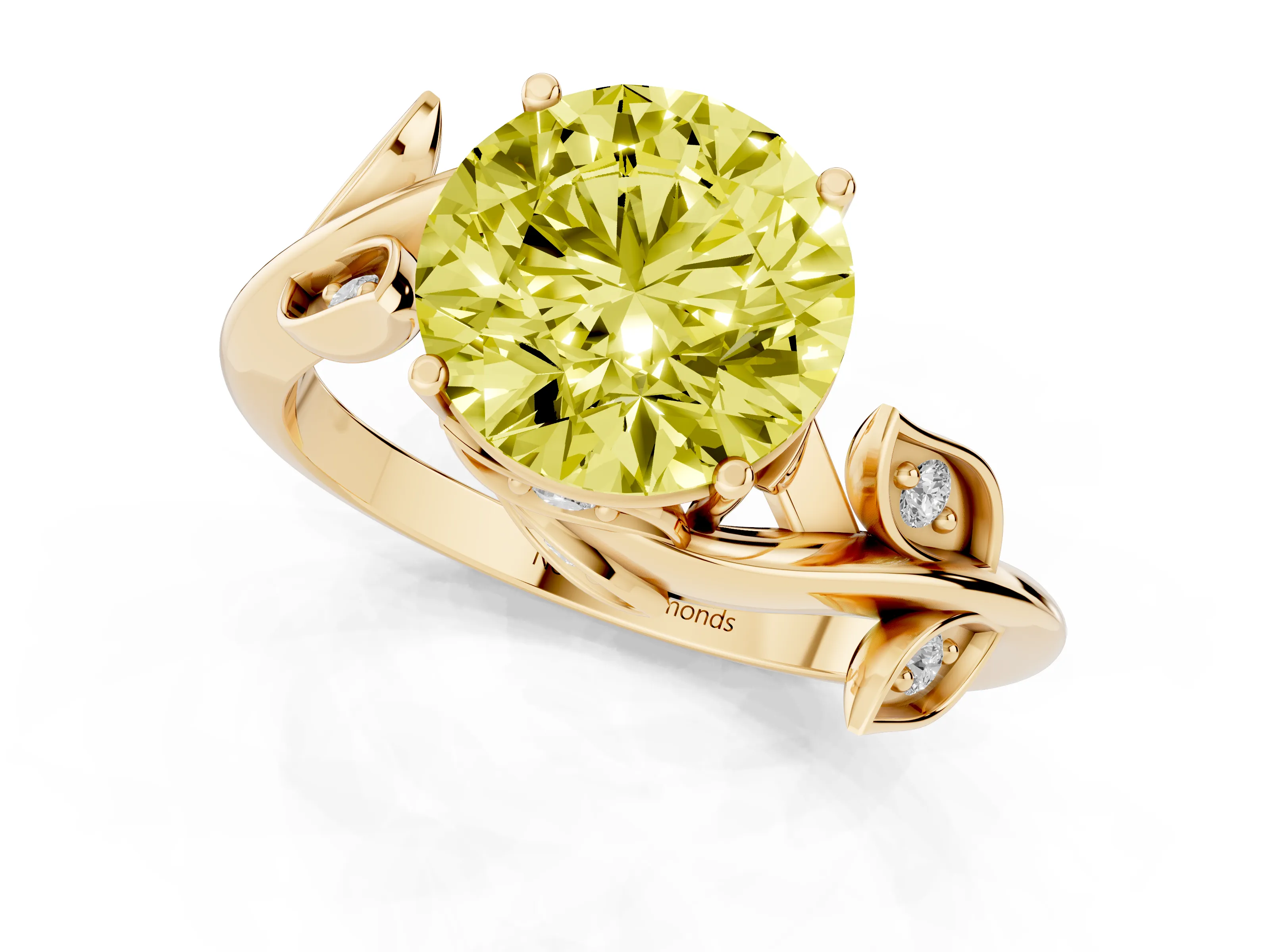 Fancy Yellow Round Cut Diamond Solitaire Twist Engagement Ring Set in Yellow gold with Pavé Leaf Accents