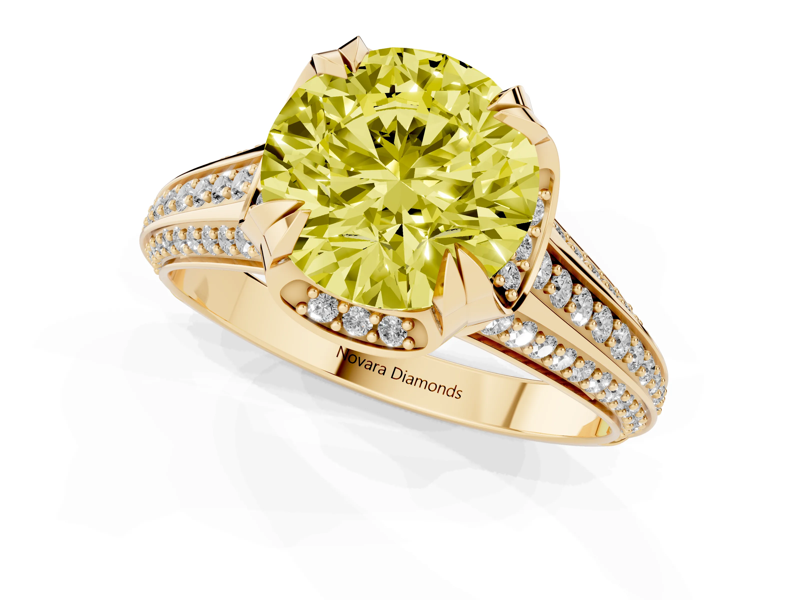 Fancy Yellow Round Cut Diamond Pavé Split Shank Solitaire Ring Set in Yellow gold with Prong Setting
