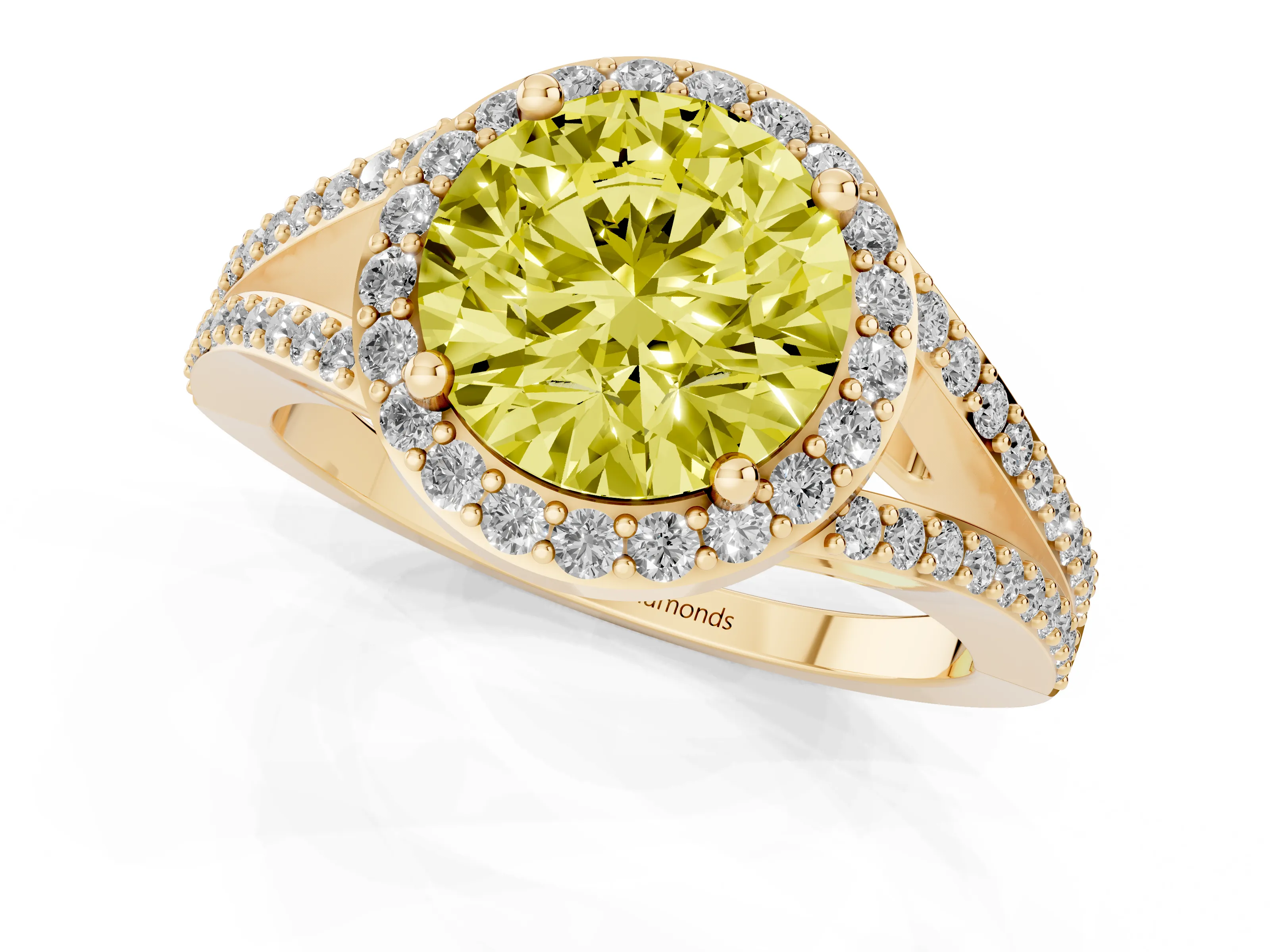 Fancy Yellow Round Cut Diamond Halo Split Shank Pavé Ring Set in Yellow gold with Prong Setting