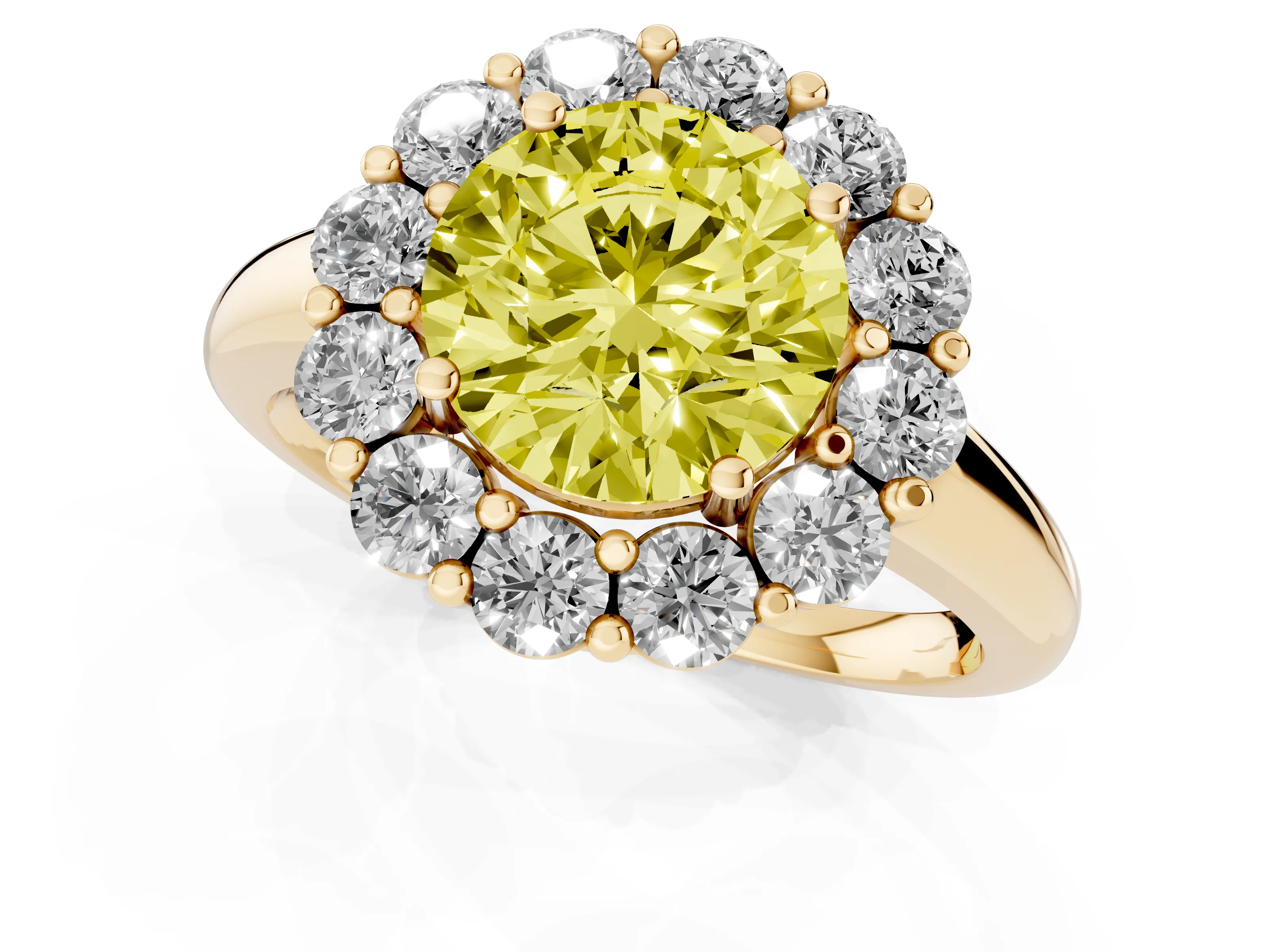 Fancy Yellow Round Cut Diamond Halo Cluster Engagement Ring Set in Yellow gold with Polished Band and Prong Setting