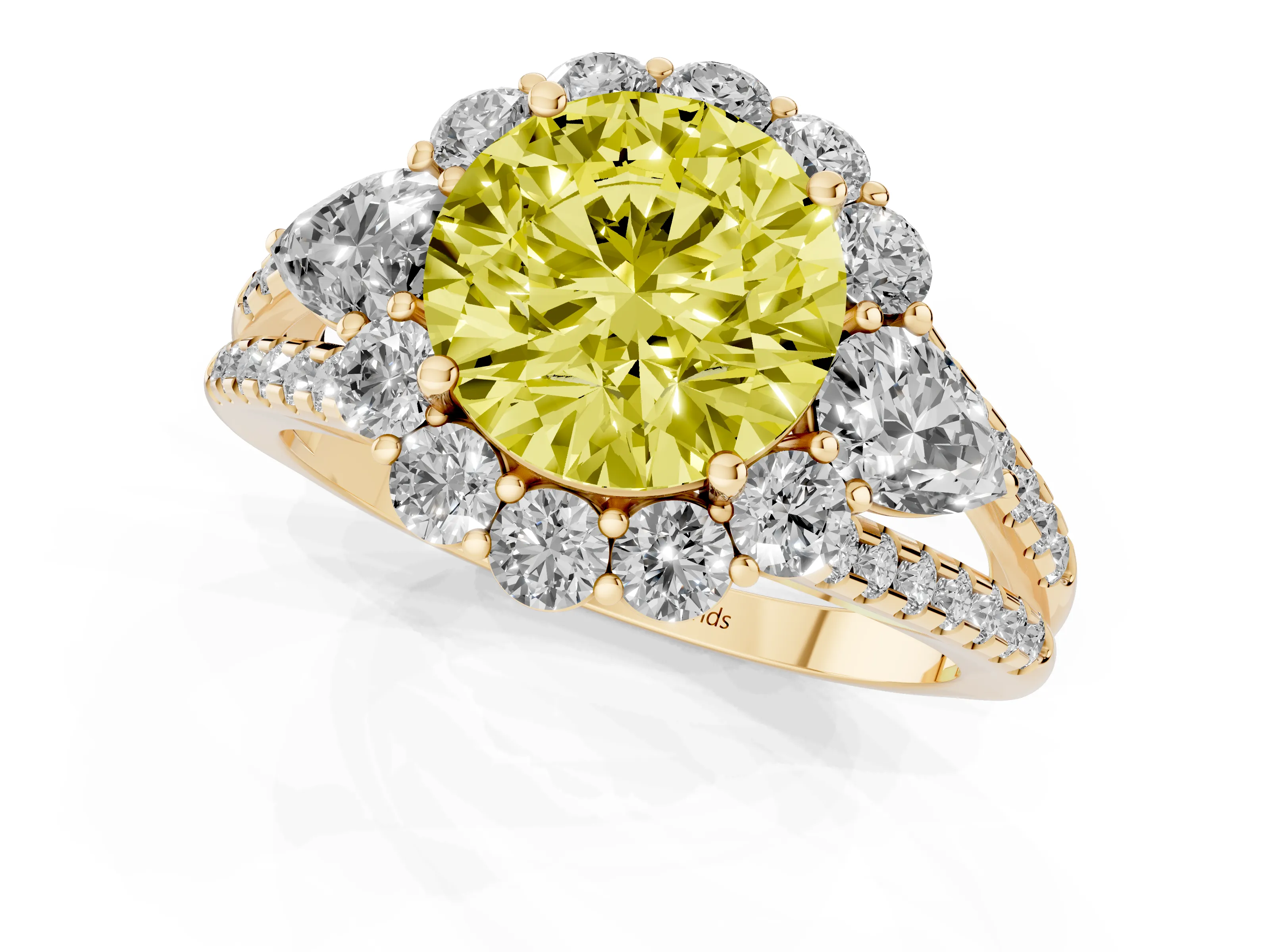 Fancy Yellow Round Cut Diamond Halo Split Shank Engagement Ring Set in Yellow gold with Prong-Held Center Stone