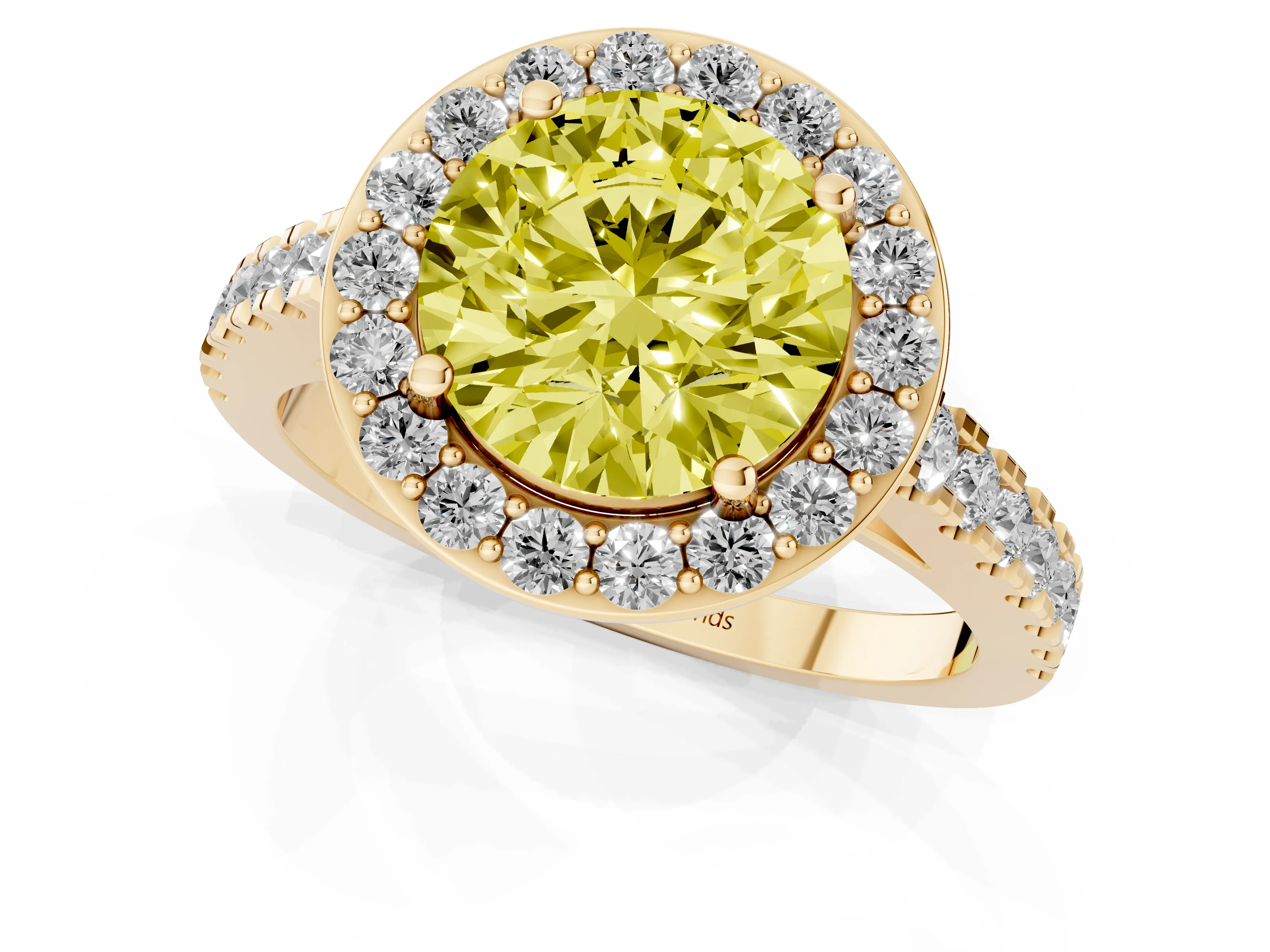 Fancy Yellow Round Cut Diamond Halo Ring Set in Yellow gold with Round Pavé Split Shank and Prong Setting