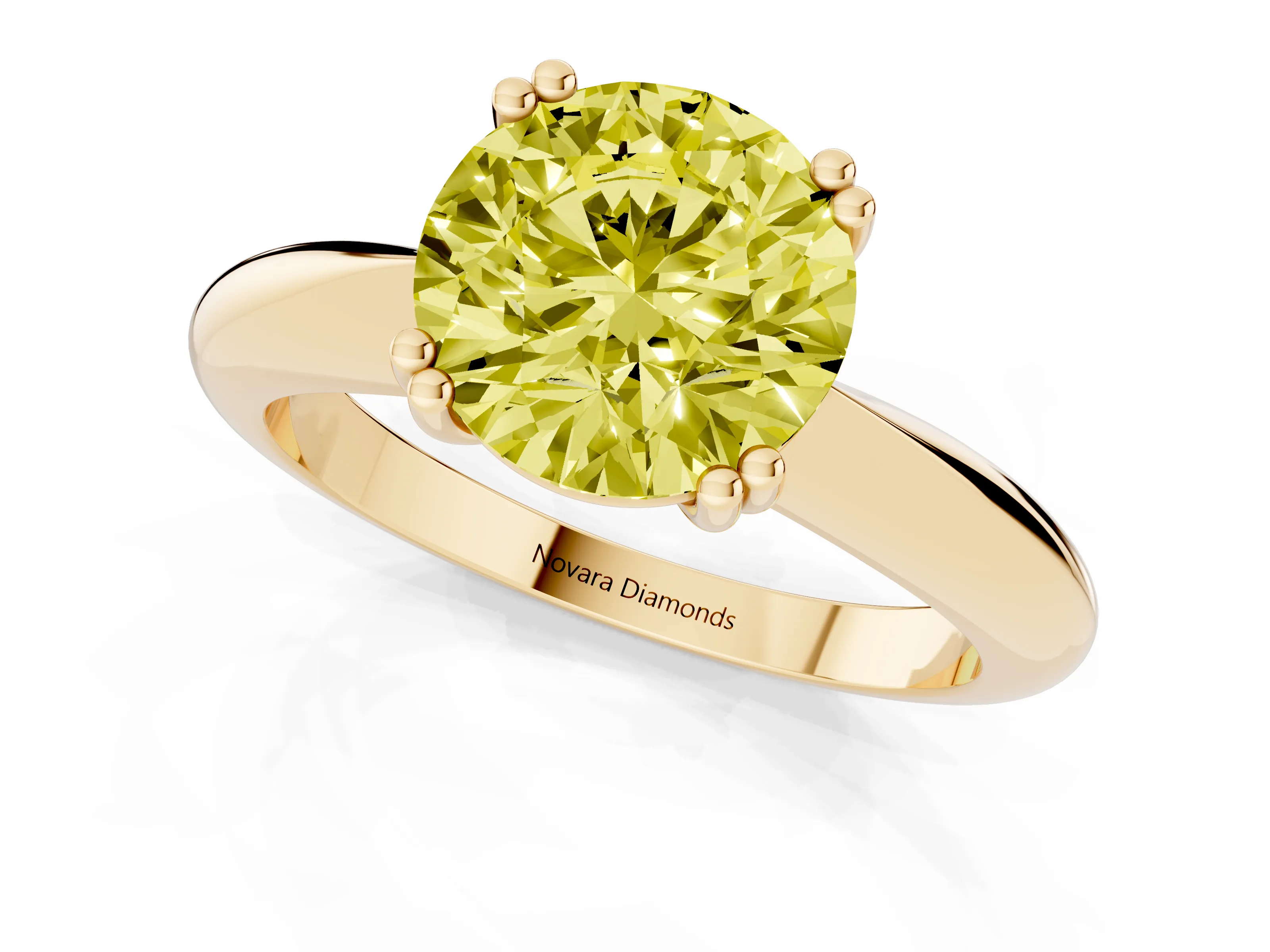 Fancy Yellow Round Cut Diamond Solitaire Engagement Ring Set in Yellow gold with Tapered Band and Prong Setting