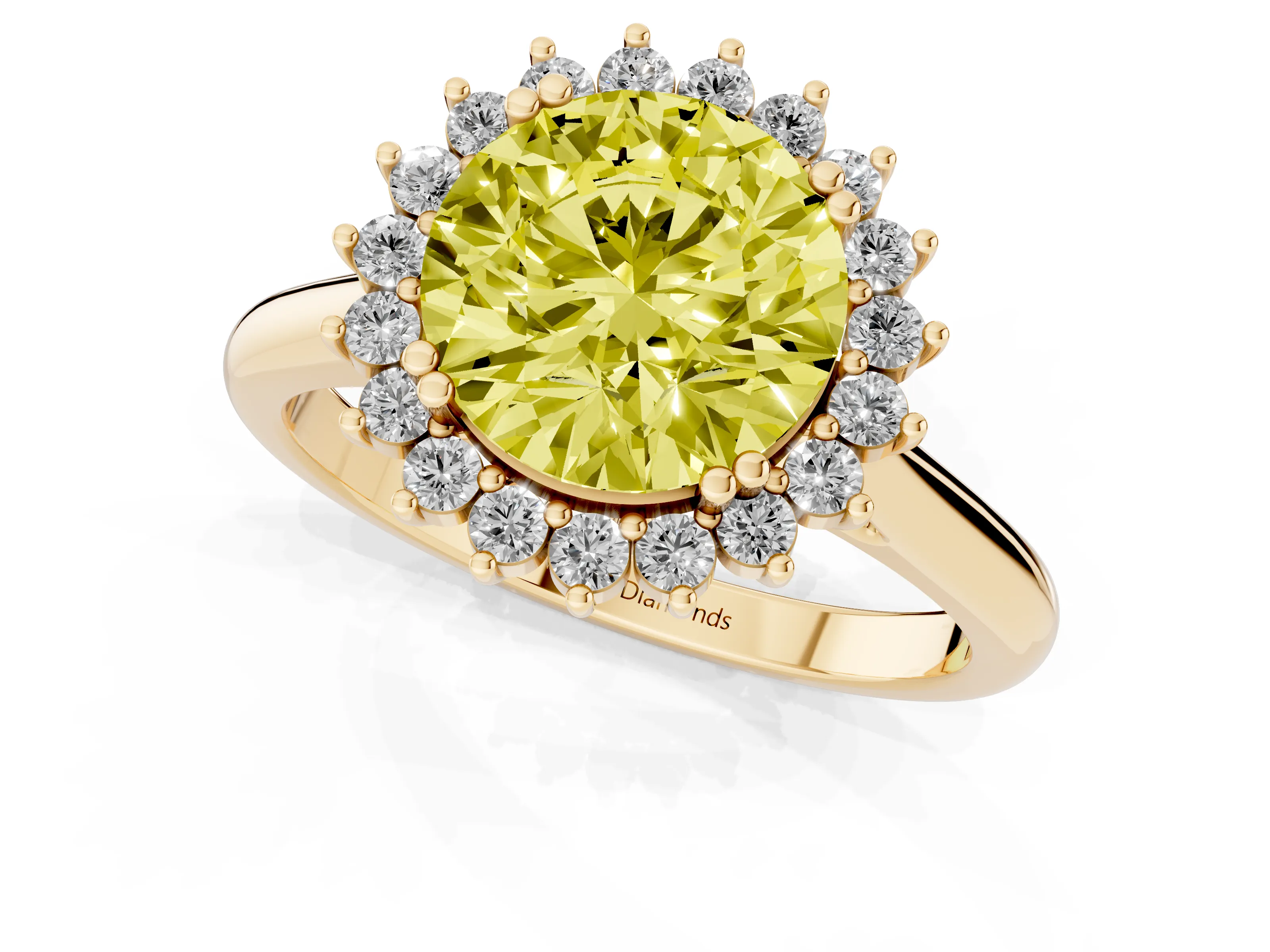 Fancy Yellow Round Cut Diamond Halo Ring Set in Yellow gold with Plain Solitaire Band and Prong Setting