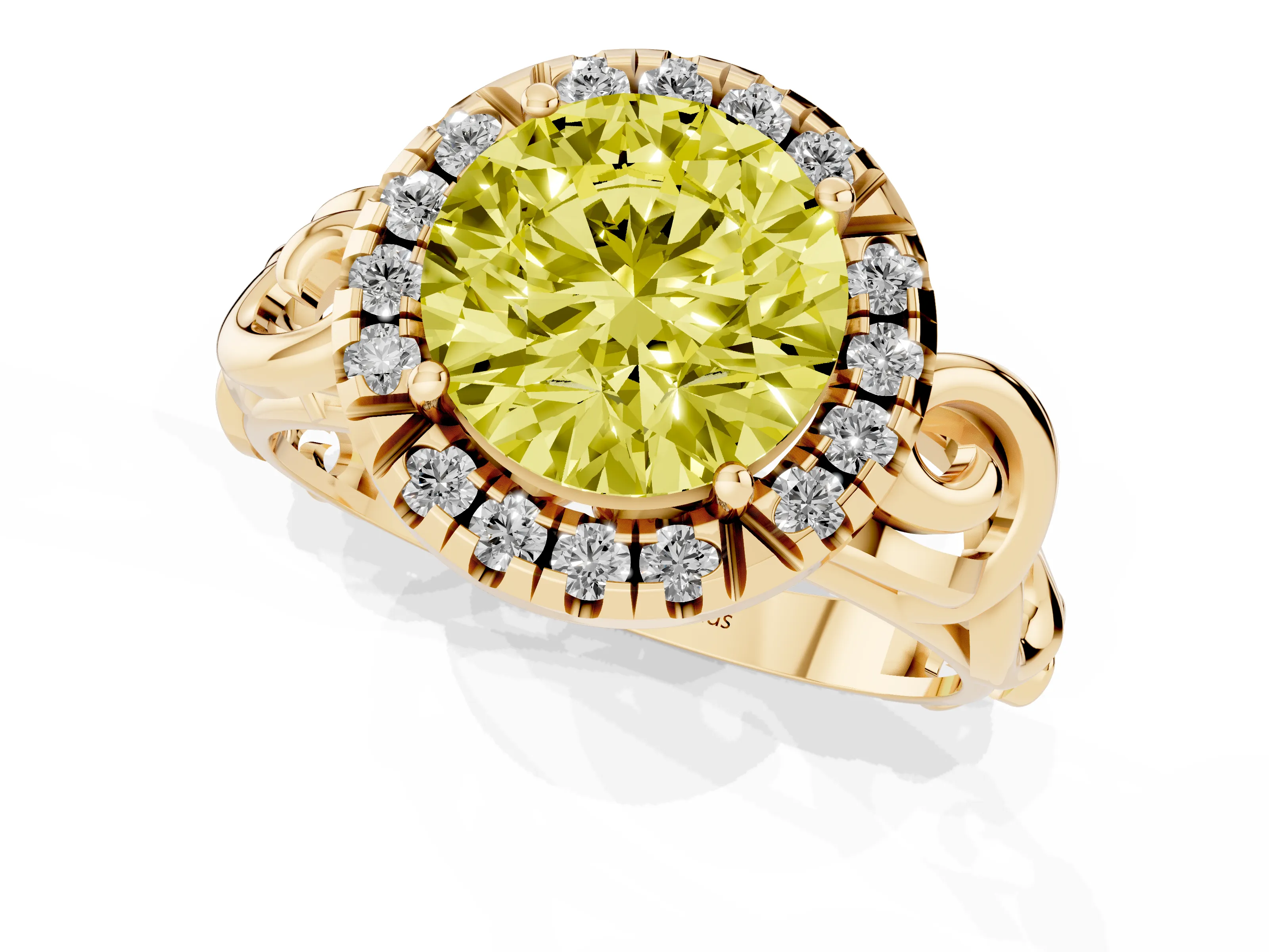 Fancy Yellow Round Cut Diamond Halo Ring Set in Yellow gold with Scrollwork Band and Prong Setting