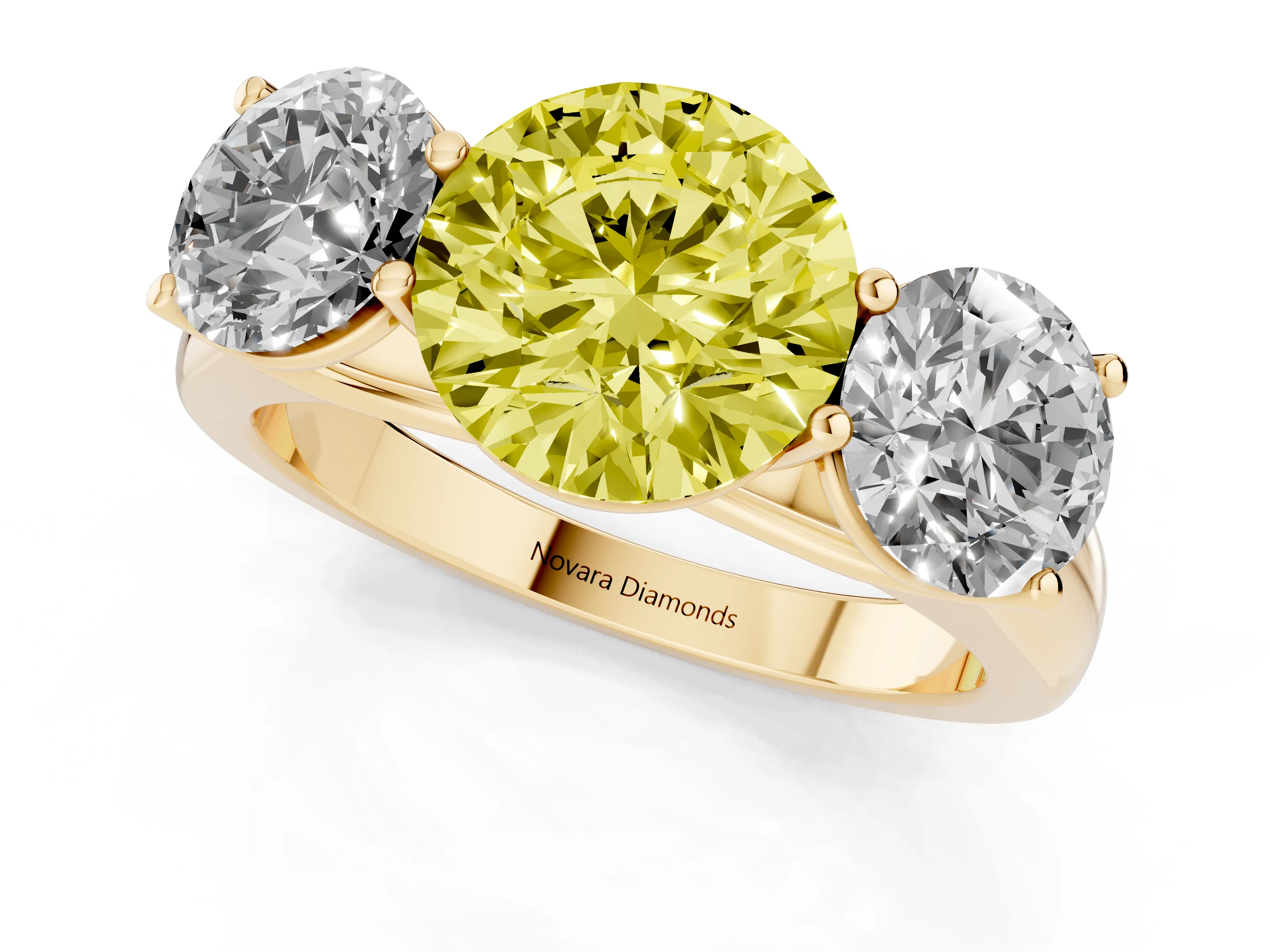 Fancy Yellow Round Cut Diamond Three-Stone Ring Set in Yellow gold with Plain Polished Band