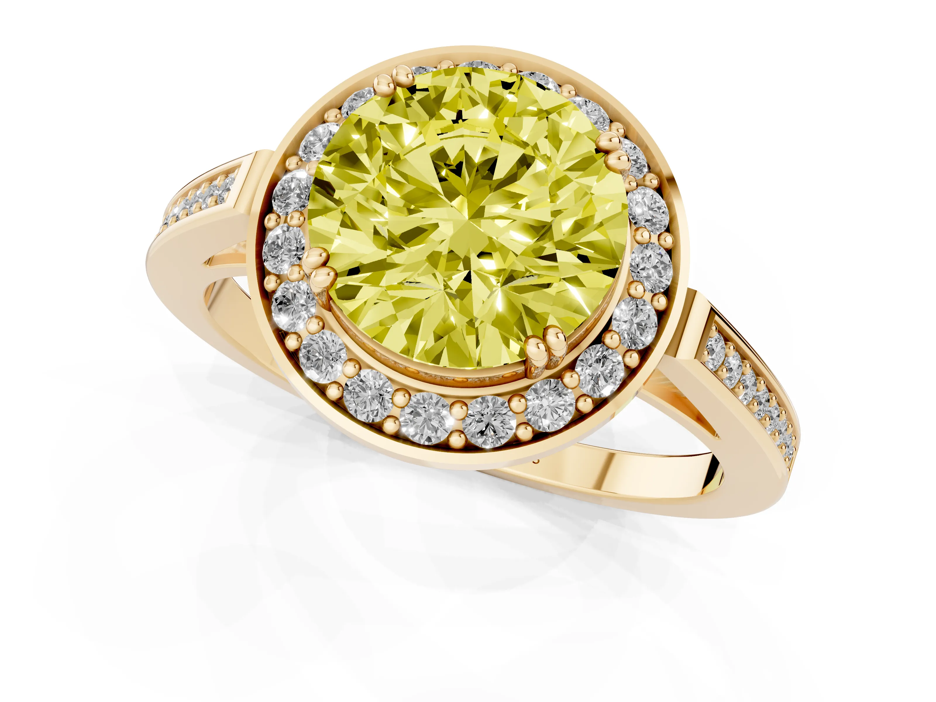 Fancy Yellow Round Cut Diamond Halo Ring Set in Yellow gold with Accent-Lined Split Shank and Prong Setting