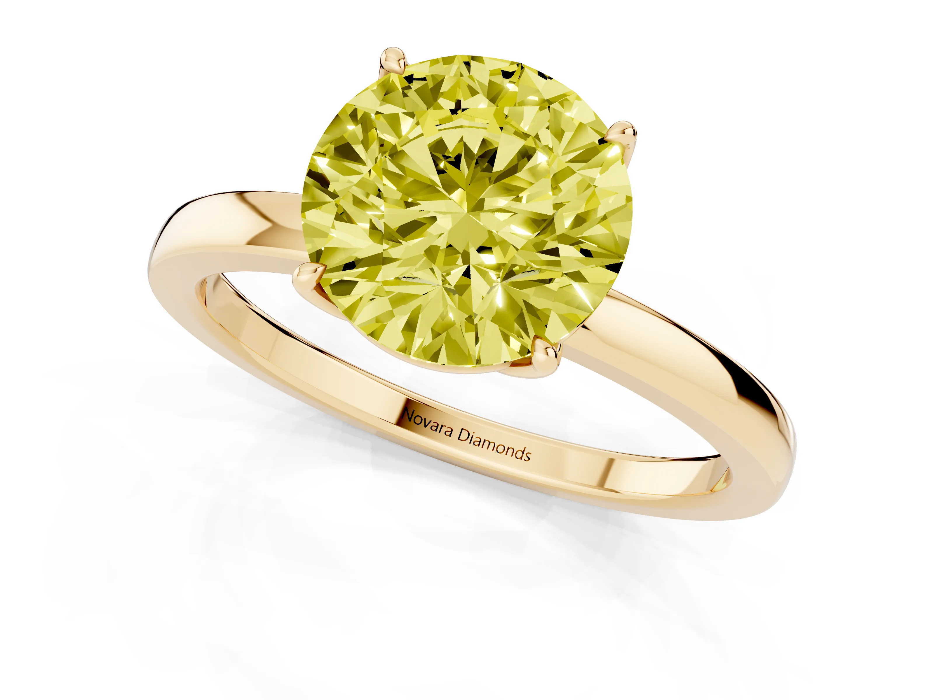 Fancy Yellow Round Cut Diamond Solitaire Ring Set in Yellow gold with Prong Setting and Thin Polished Band