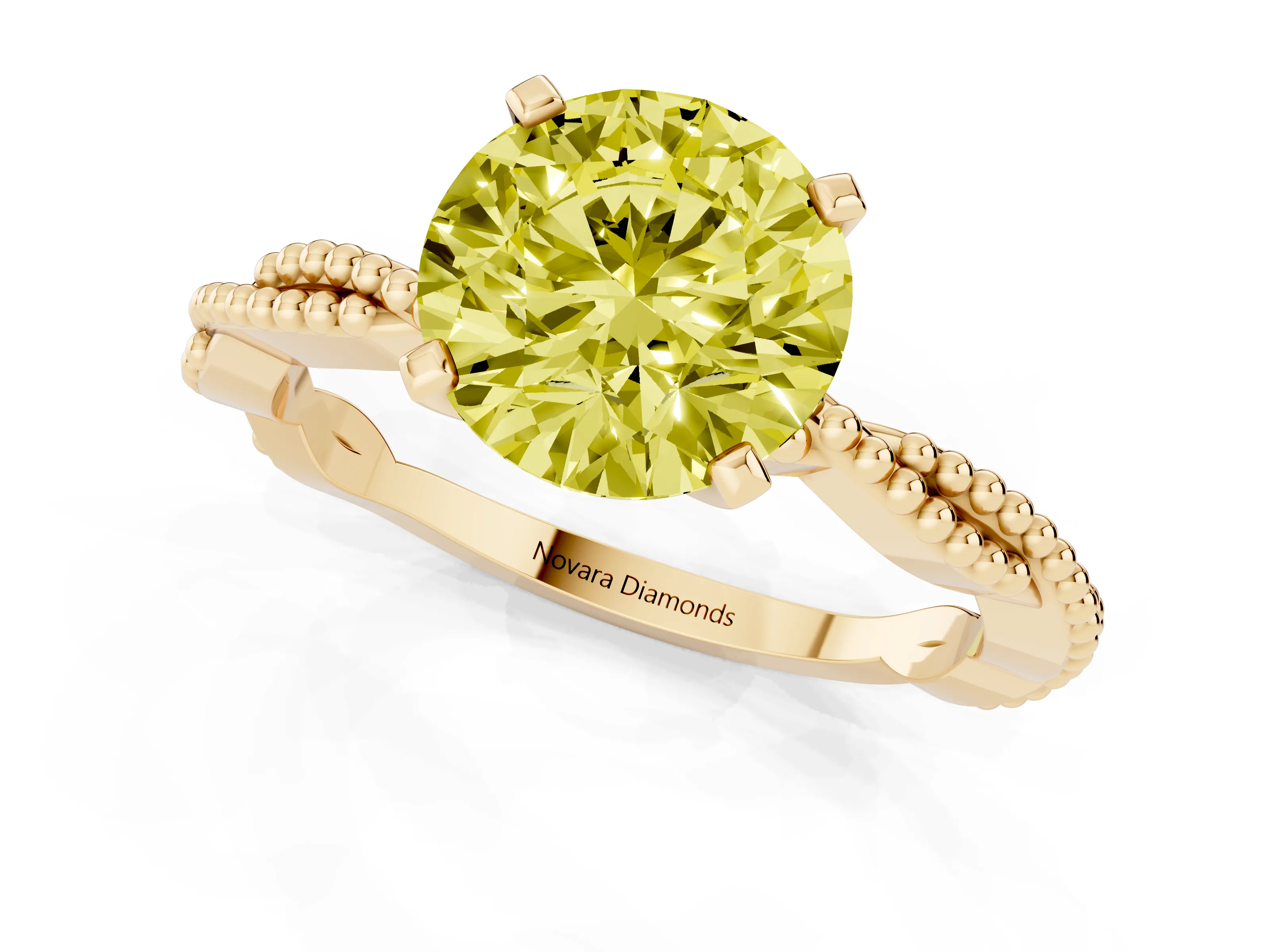 Fancy Yellow Round Cut Diamond Solitaire Ring Set in Yellow gold with Twisted Band and Bead Prong Setting