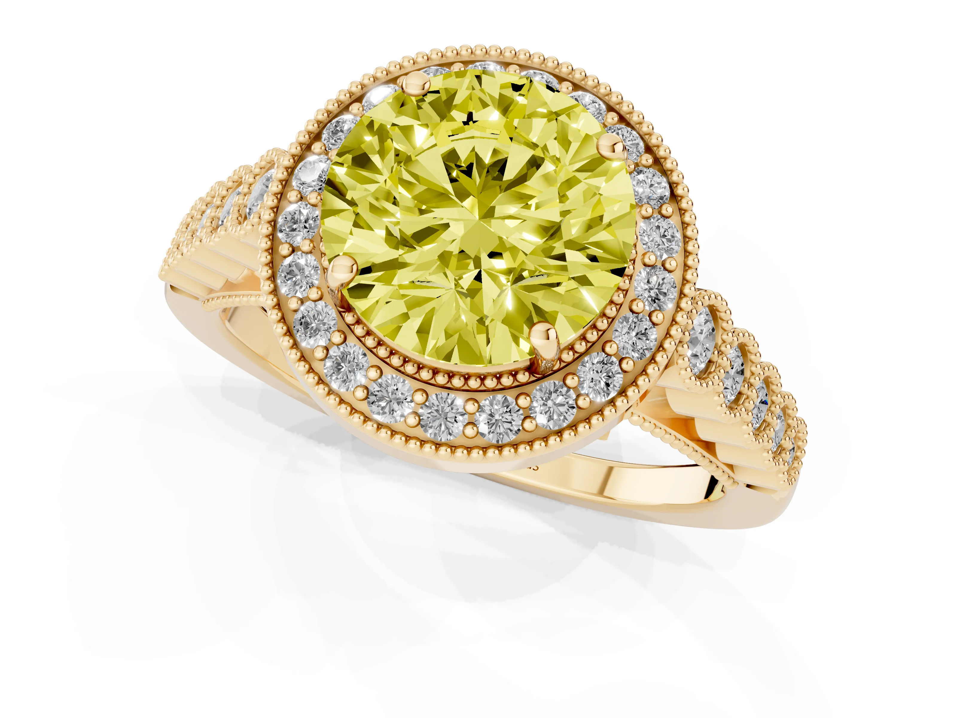 Fancy Yellow Round Cut Diamond Milgrain Halo Solitaire Ring Set in Yellow gold with Bezel Set Side Stones and Pavé Band