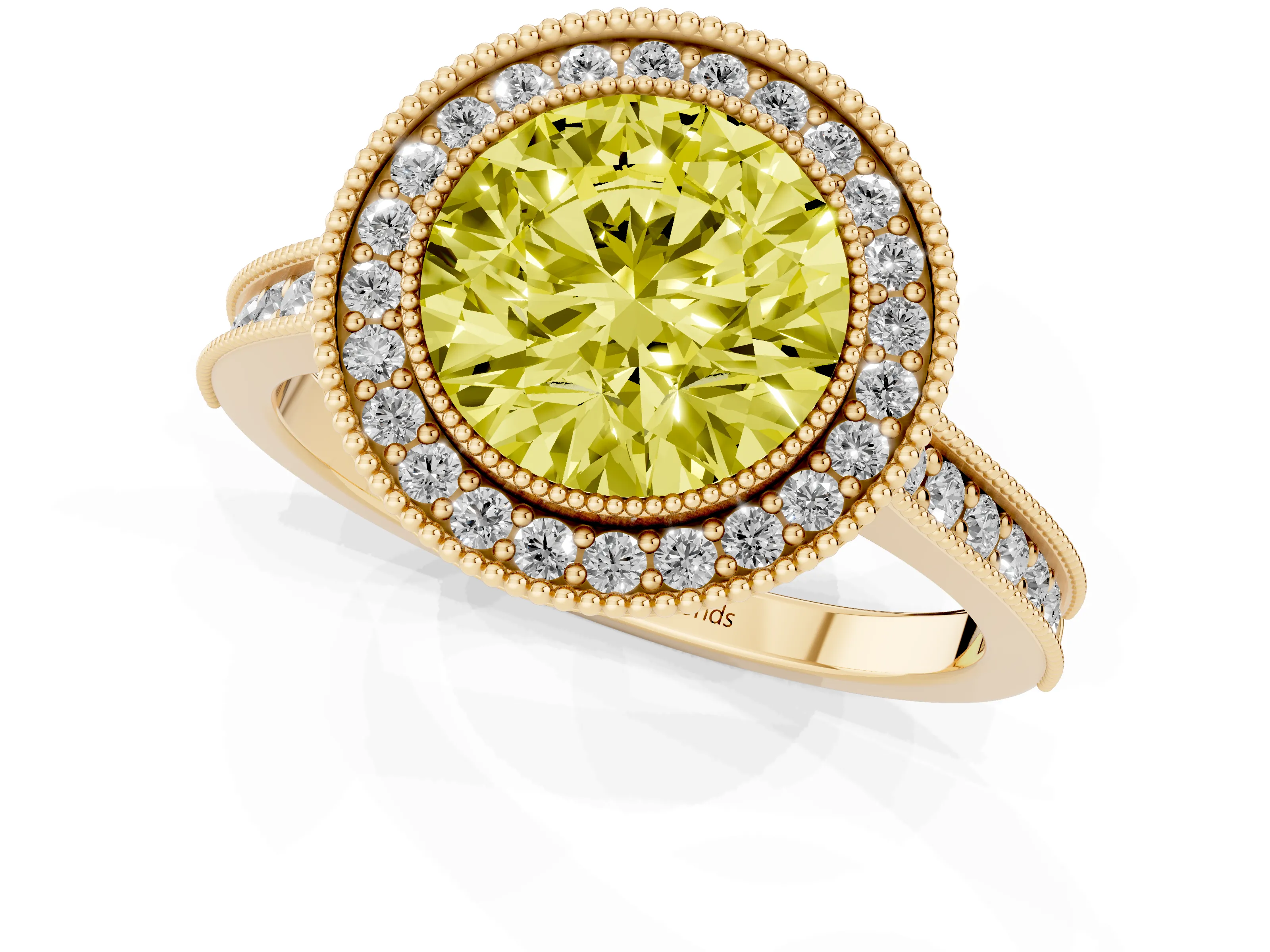 Fancy Yellow Round Cut Diamond Halo Milgrain Pavé Band Ring Set in Yellow gold with Prong Setting