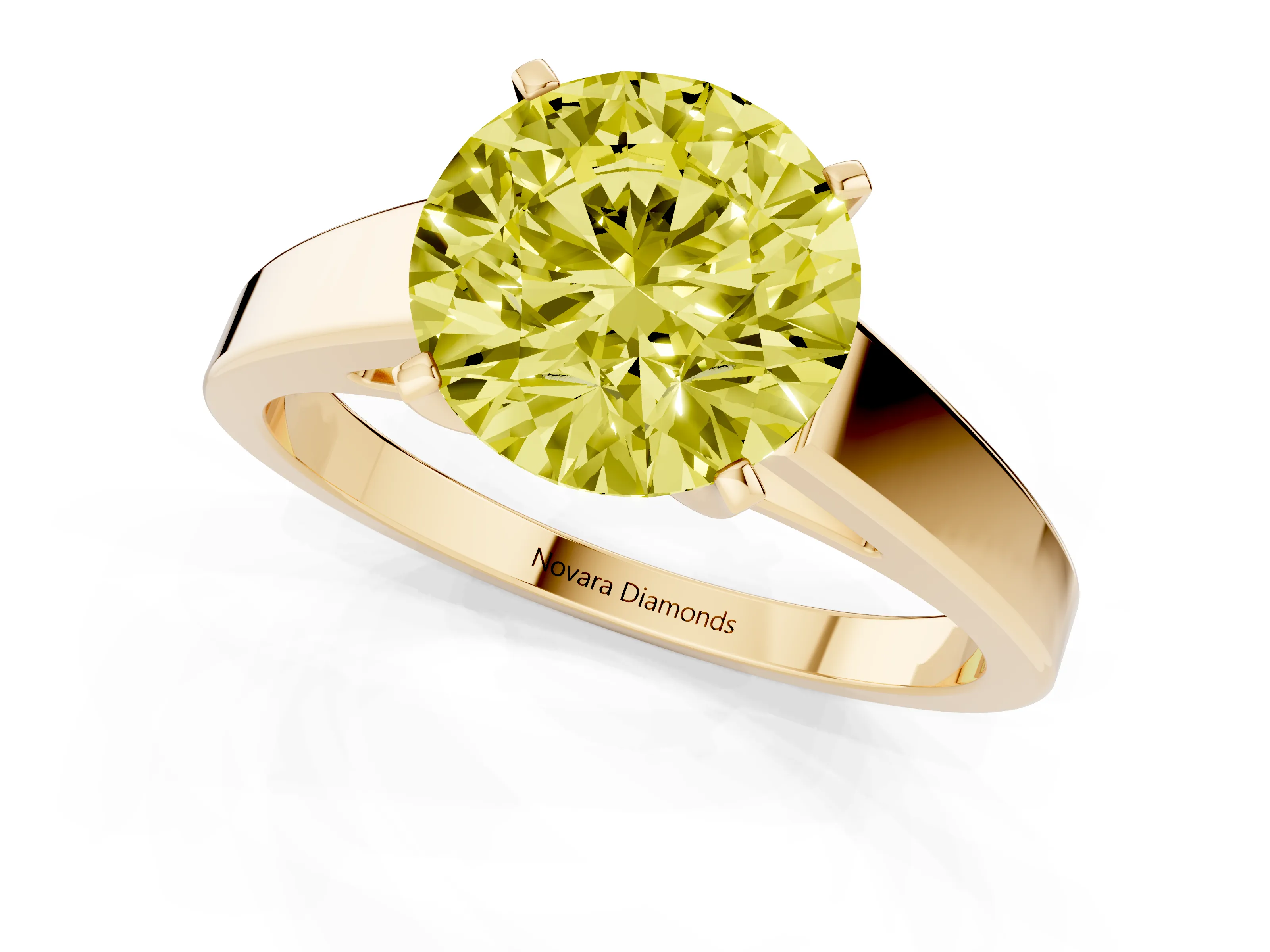 Fancy Yellow Round Cut Diamond Solitaire Engagement Ring Set in Yellow gold with Prong Setting and Tapered Band