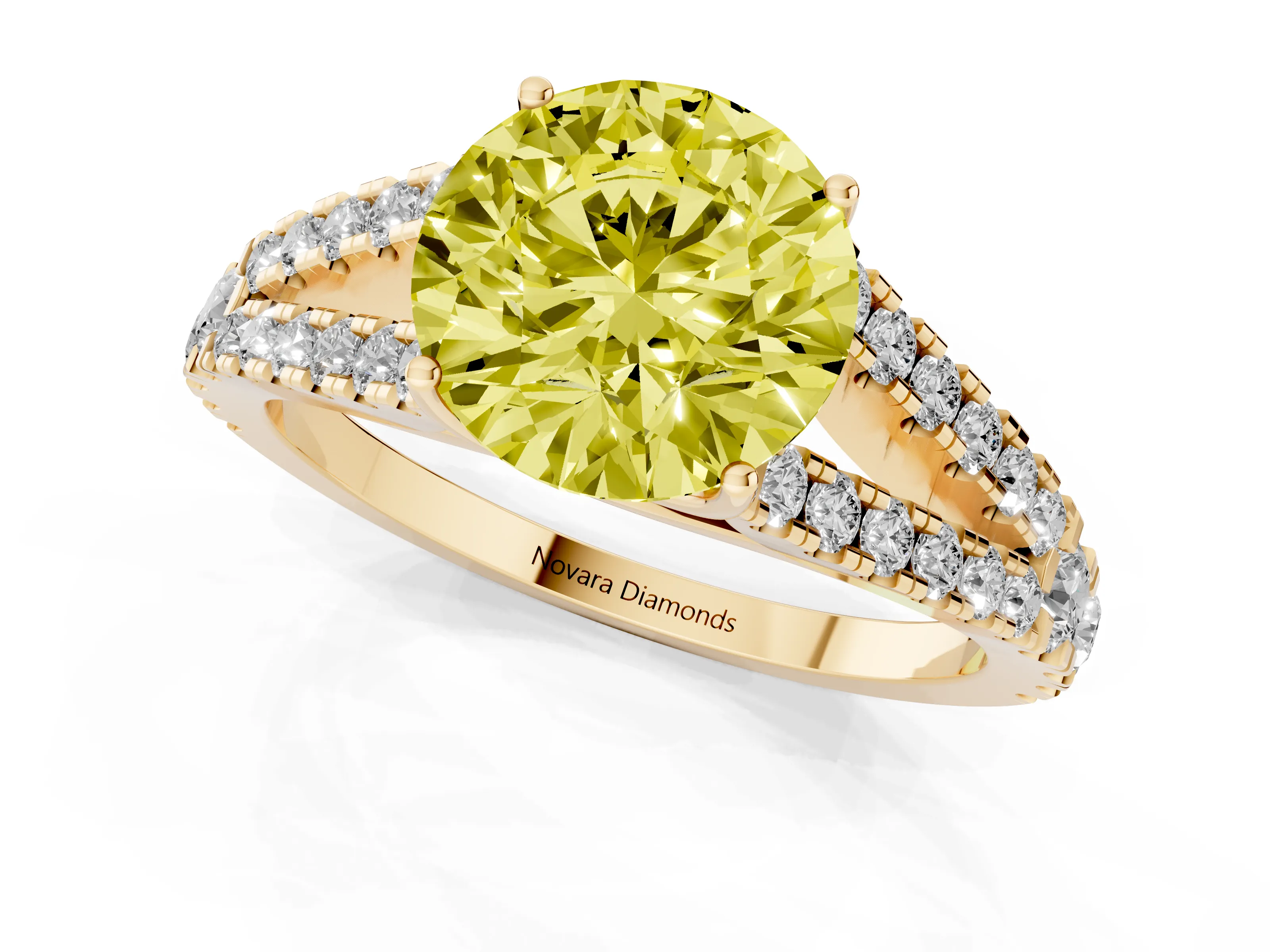 Fancy Yellow Round Cut Diamond Split Shank Pavé Engagement Ring Set in Yellow gold with Prong-Held Center Stone