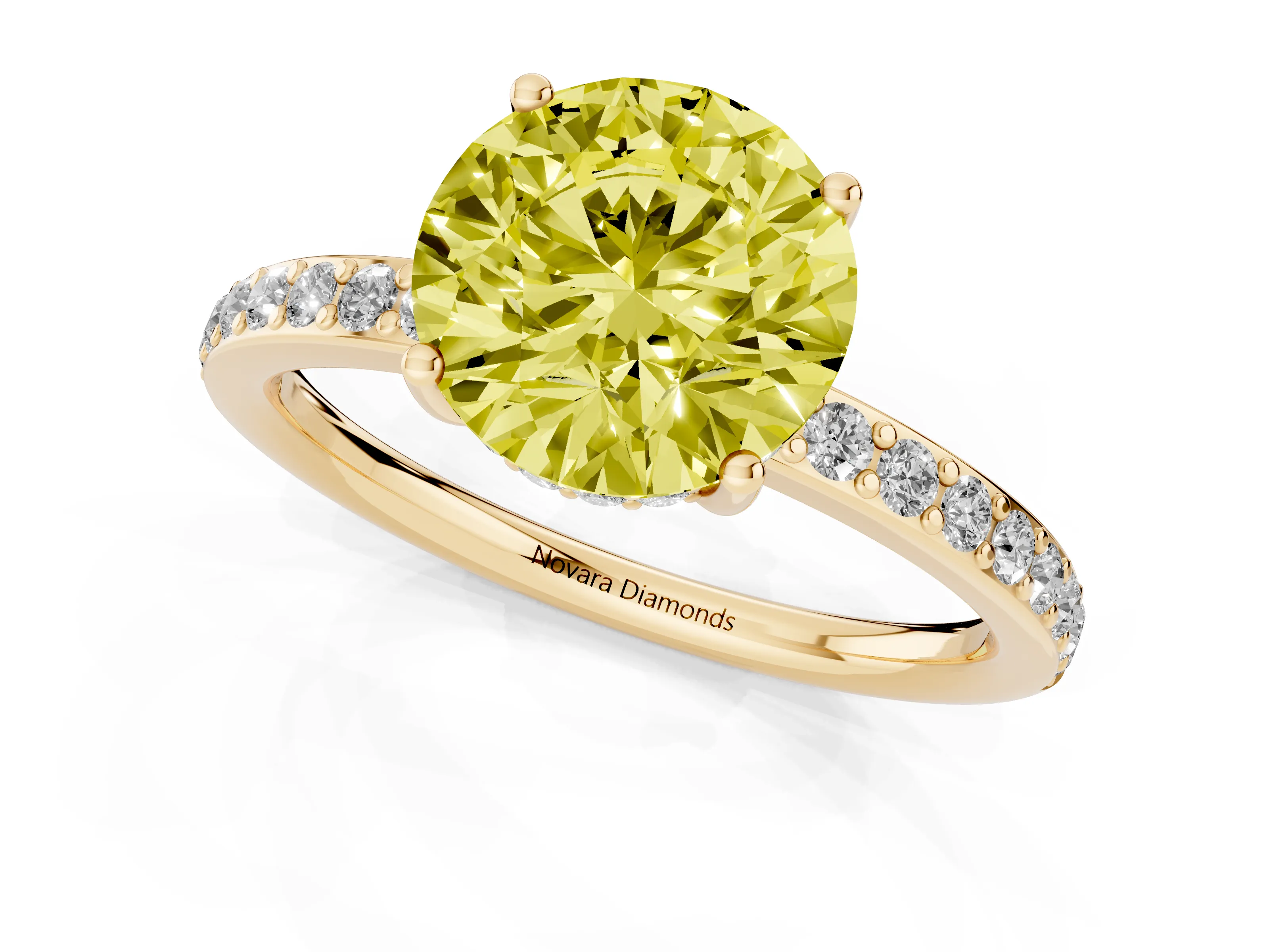 Fancy Yellow Round Cut Diamond Pavé Band Ring Set in Yellow gold with Prong-Set Center Stone