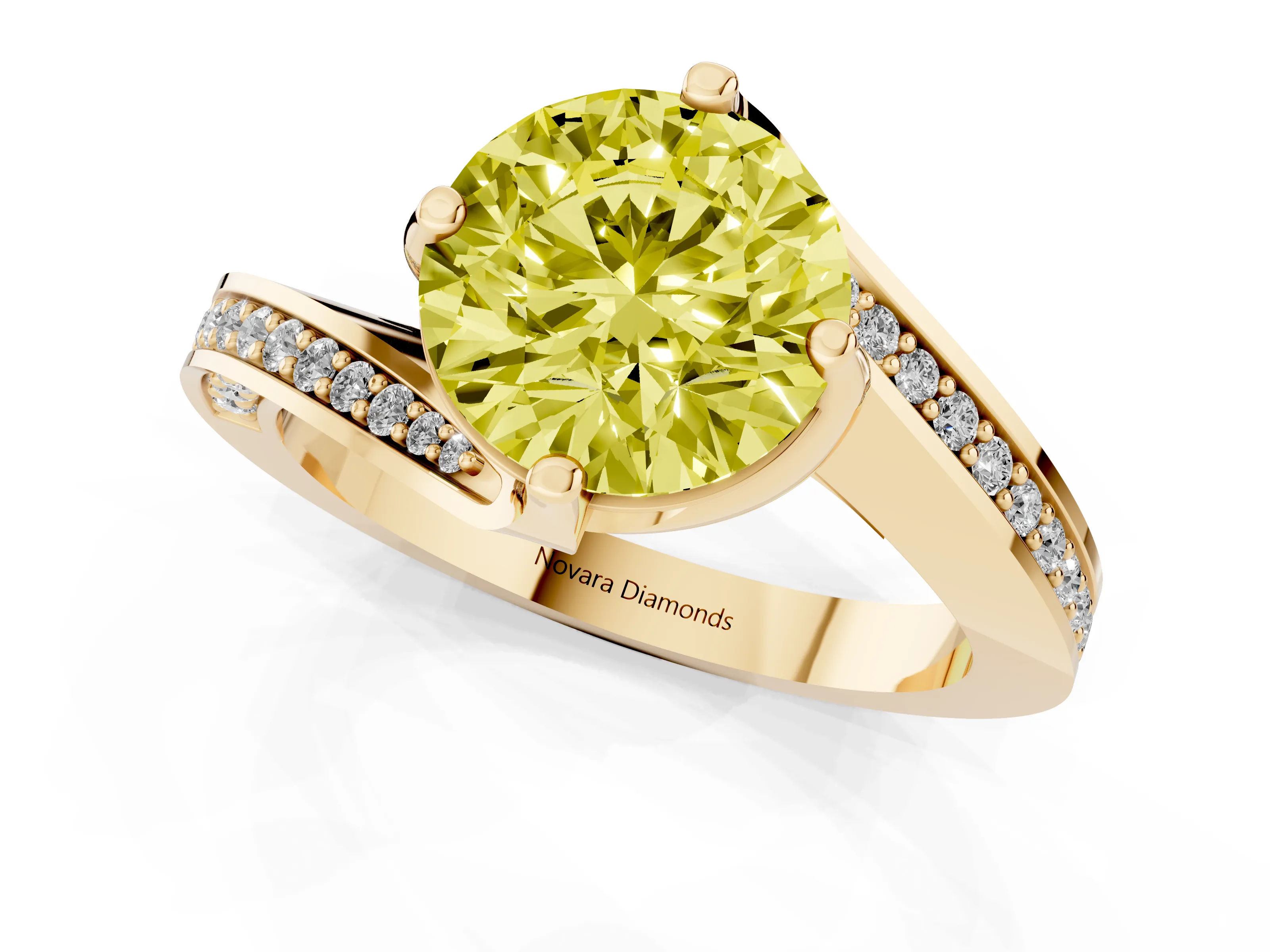 Fancy Yellow Round Cut Diamond Solitaire Ring Set in Yellow gold with Intertwined Pavé Twist Band