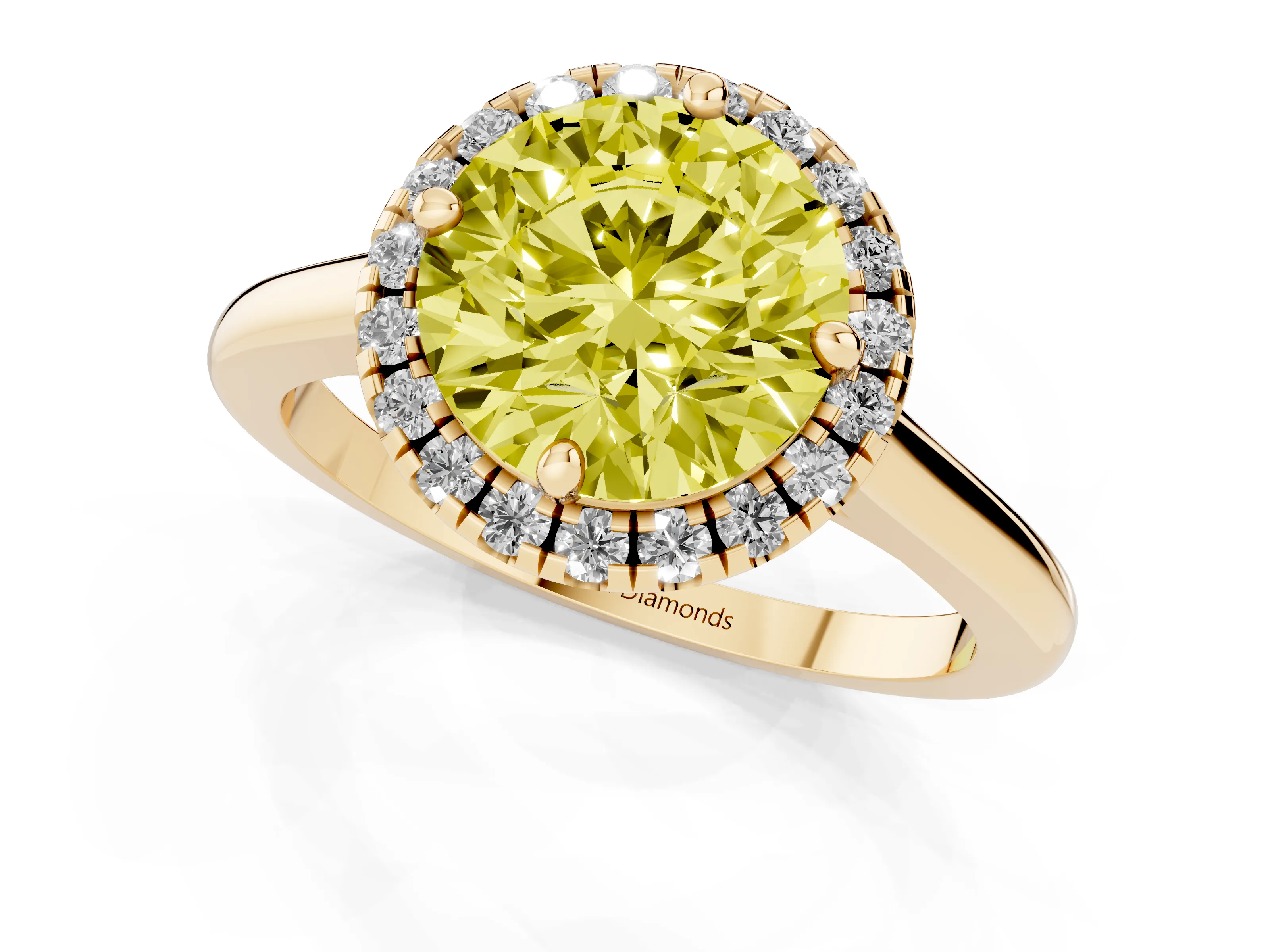 Fancy Yellow Round Cut Diamond Halo Engagement Ring Set in Yellow gold with Pavé Band and Rising Shoulders