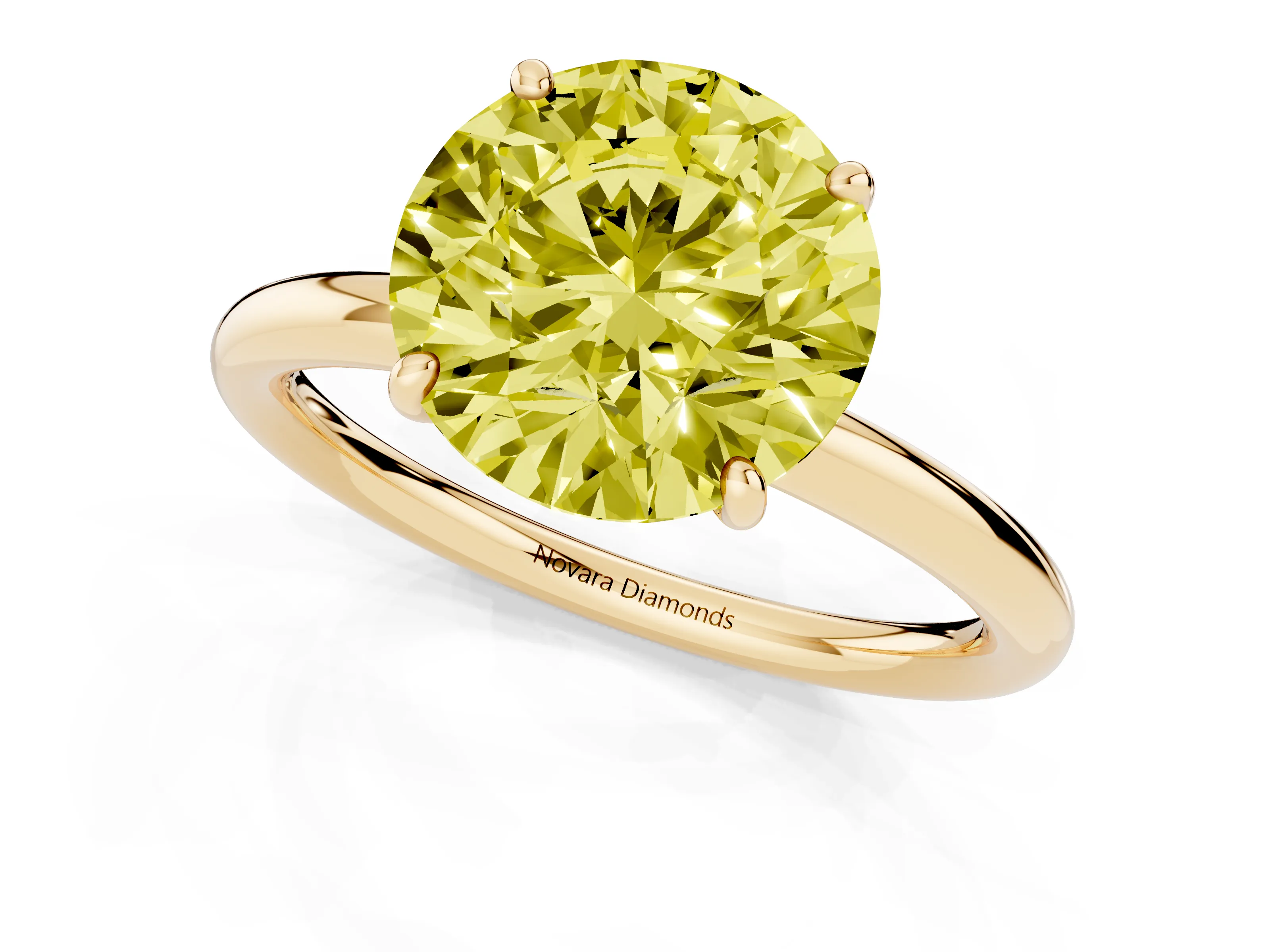 Fancy Yellow Round Cut Diamond Solitaire Ring Set in Yellow gold with Prong Setting on a Polished Plain Band