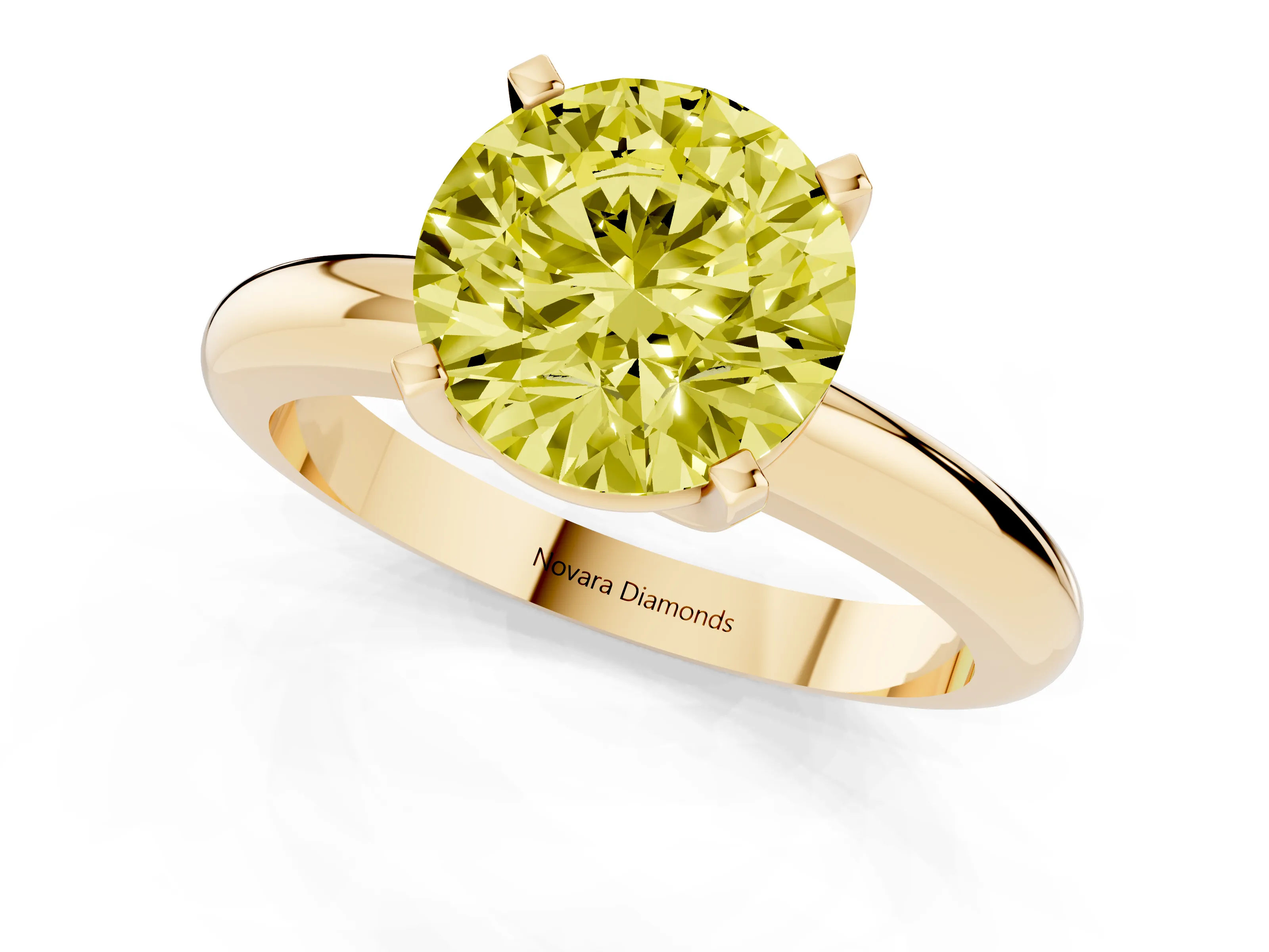 Fancy Yellow Round Cut Diamond Solitaire Engagement Ring Set in Yellow gold with Round Band and Prong Setting