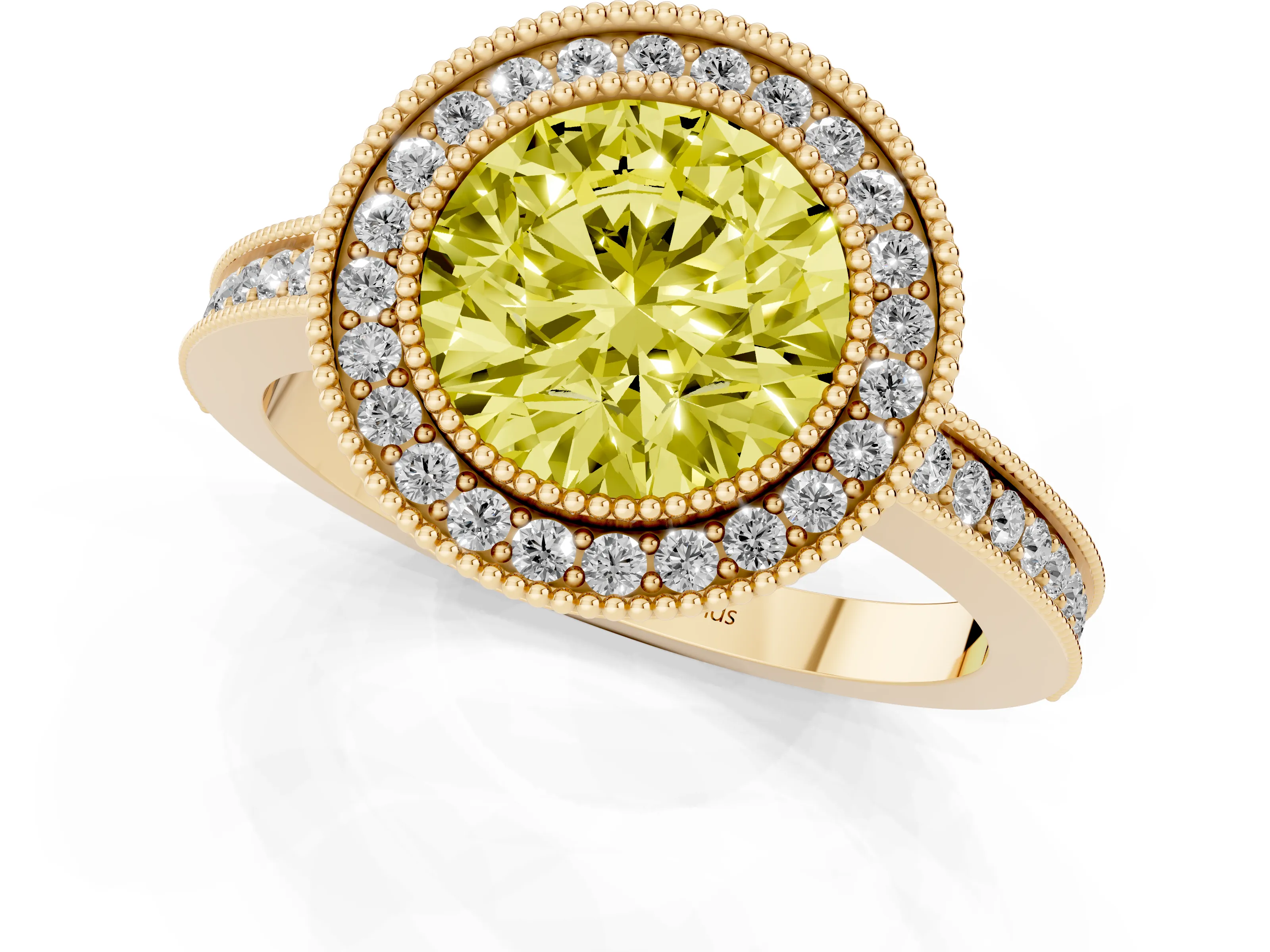 Fancy Yellow Round Cut Diamond Halo Ring Set in Yellow gold with Pavé Band and Milgrain-Edged Prongs