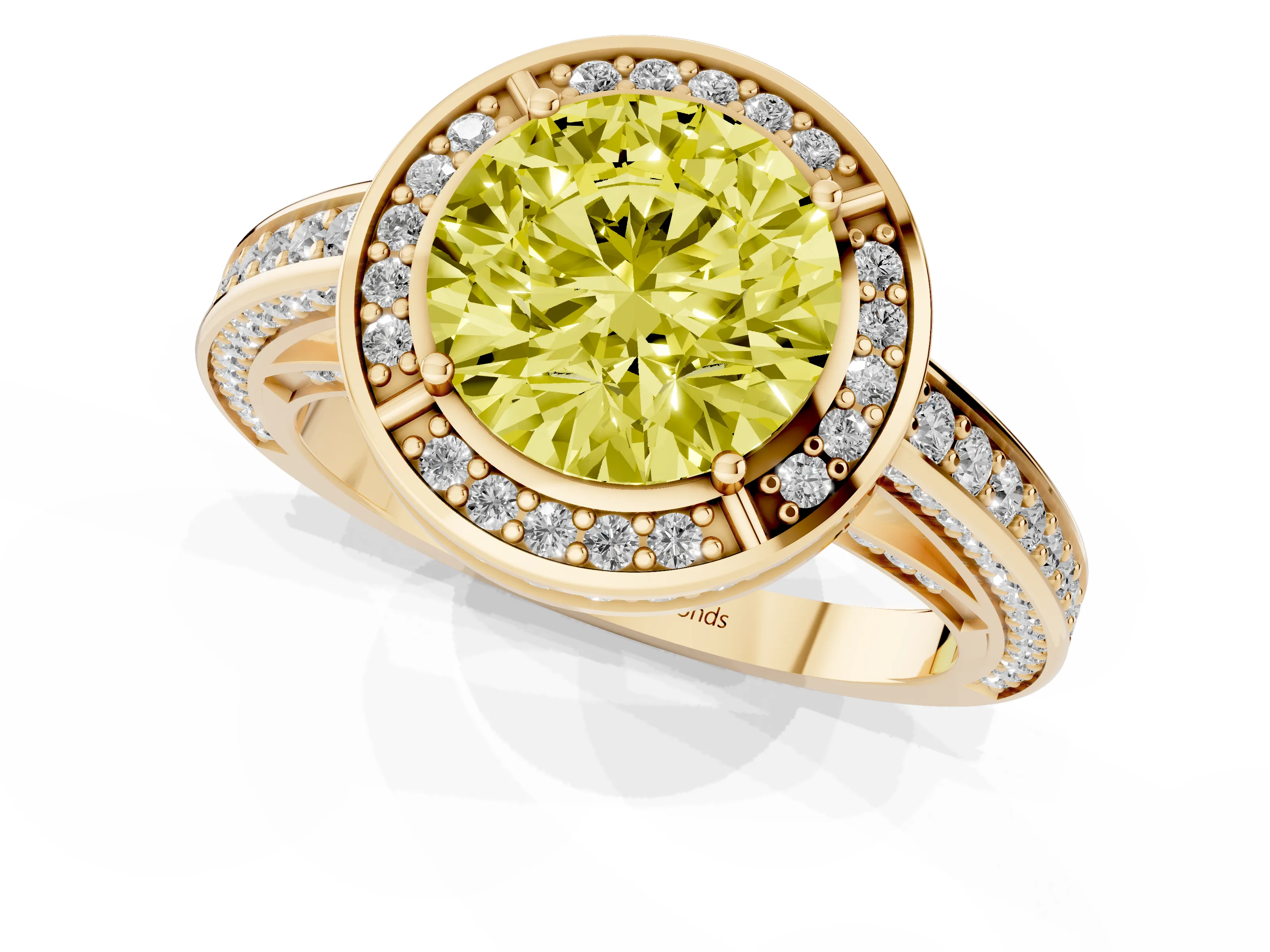 Fancy Yellow Round Cut Diamond Halo Pavé Split Shank Ring Set in Yellow gold with Prong Setting