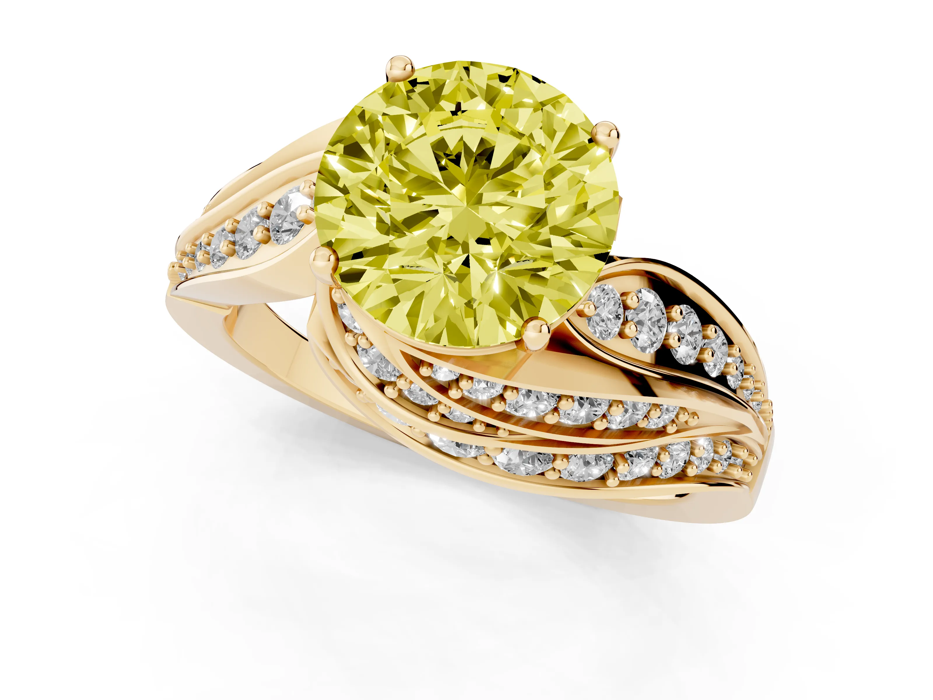 Fancy Yellow Round Cut Diamond Solitaire Ring Set in Yellow gold with Layered Twist Pavé Band