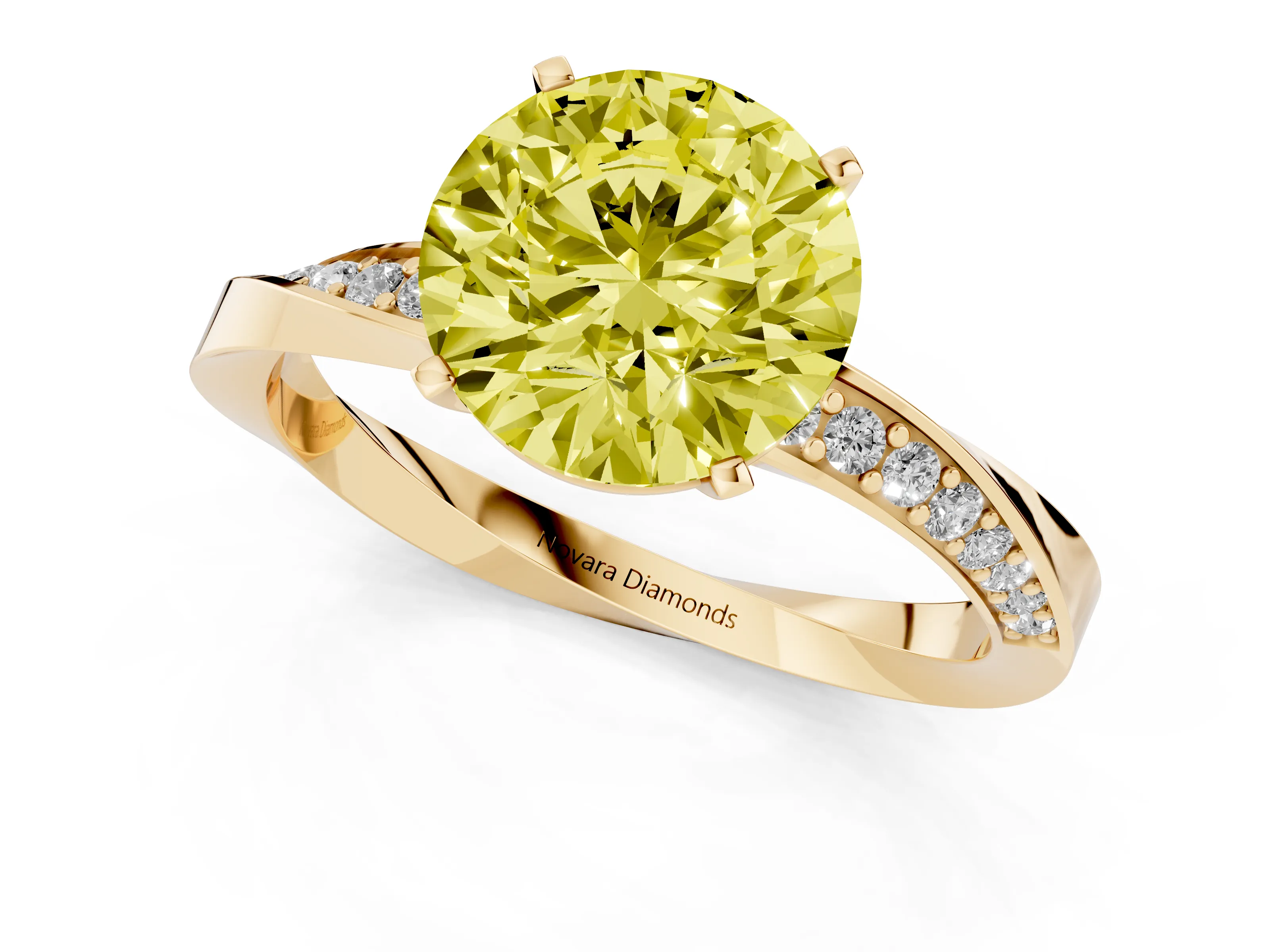 Fancy Yellow Round Cut Diamond Engagement Ring Set in Yellow gold with Side Stone Accents and Prong Setting