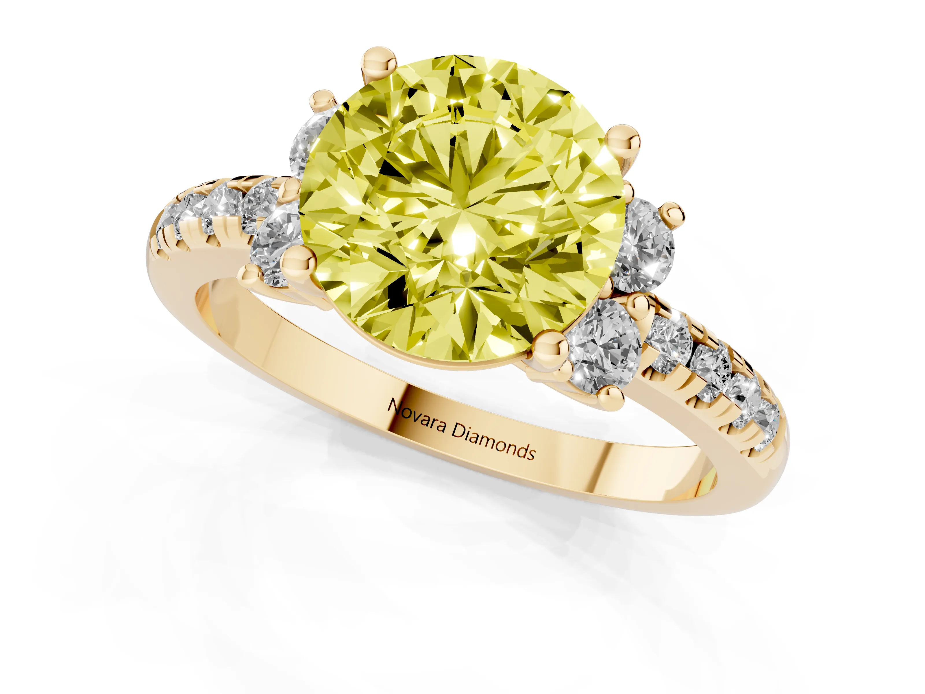 Fancy Yellow Round Cut Diamond Three-Stone Pavé Ring Set in Yellow gold with Prong Setting