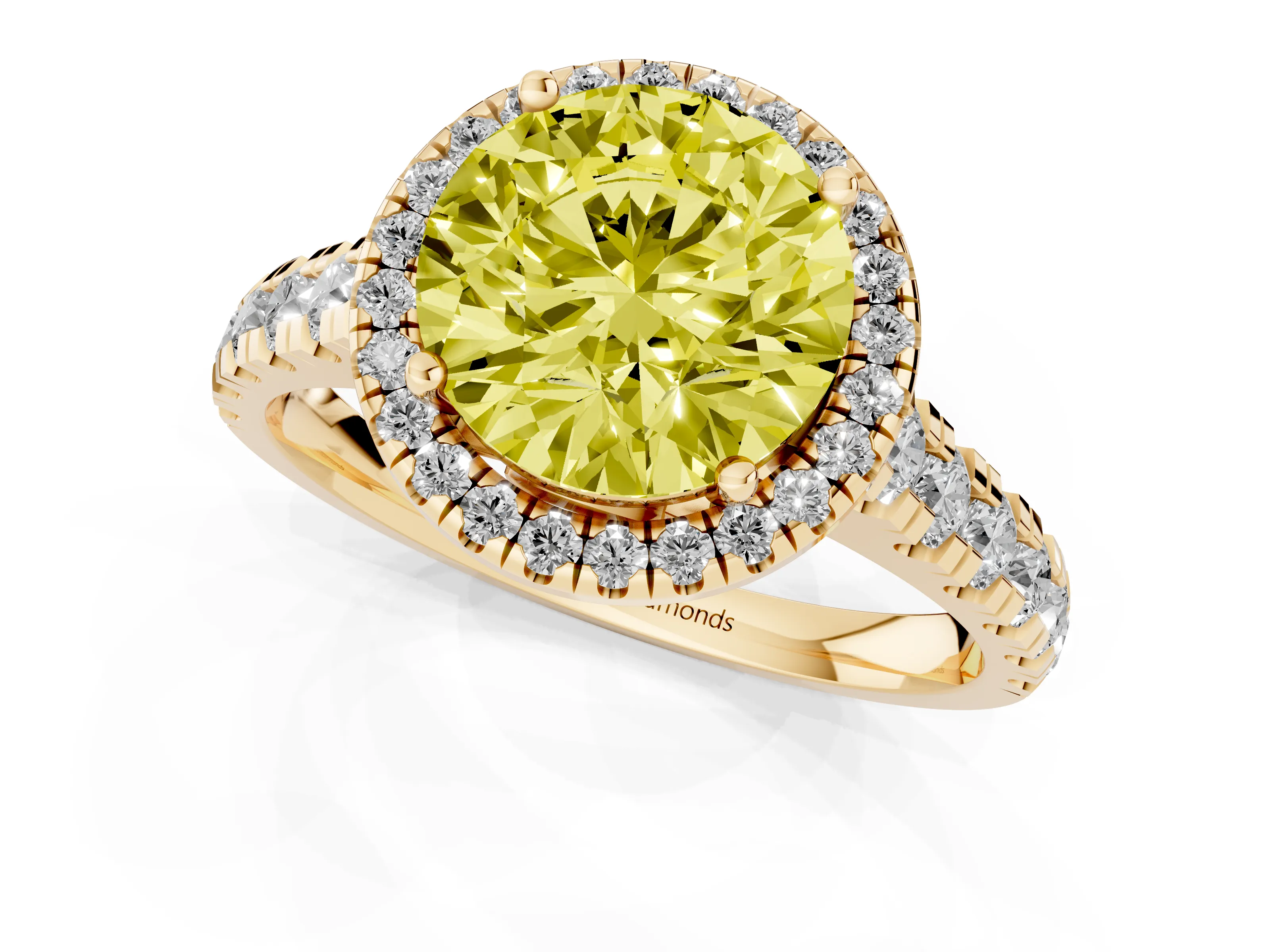 Fancy Yellow Round Cut Diamond Halo Engagement Ring Set in Yellow gold with Pavé Band and Prong-Set Center