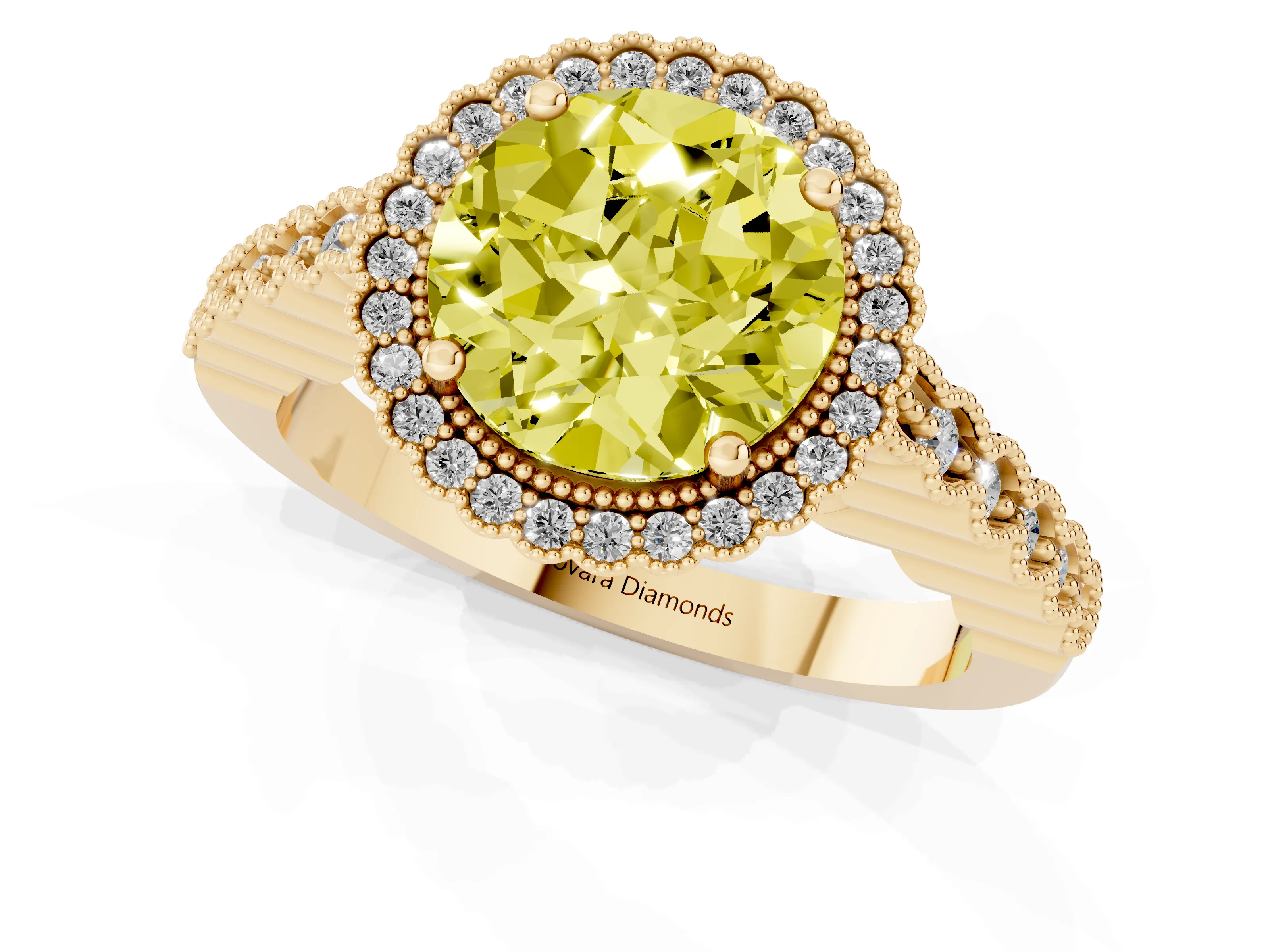 Fancy Yellow Round Cut Diamond Halo Ring Set in Yellow gold with Pavé Milgrain Band