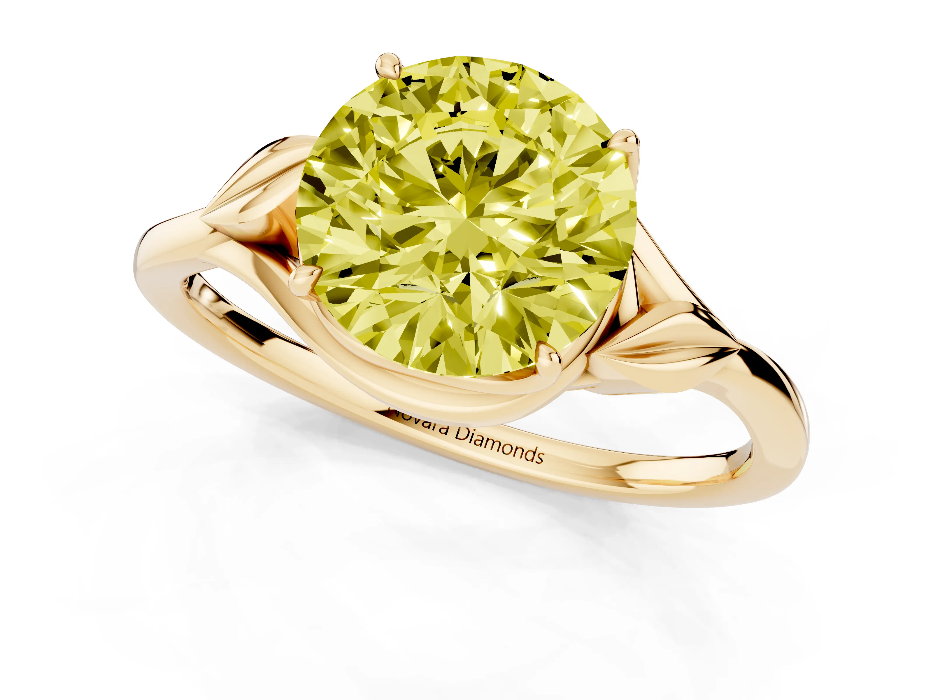 Fancy Yellow Round Cut Diamond Solitaire Ring Set in Yellow gold with Polished Twist Band