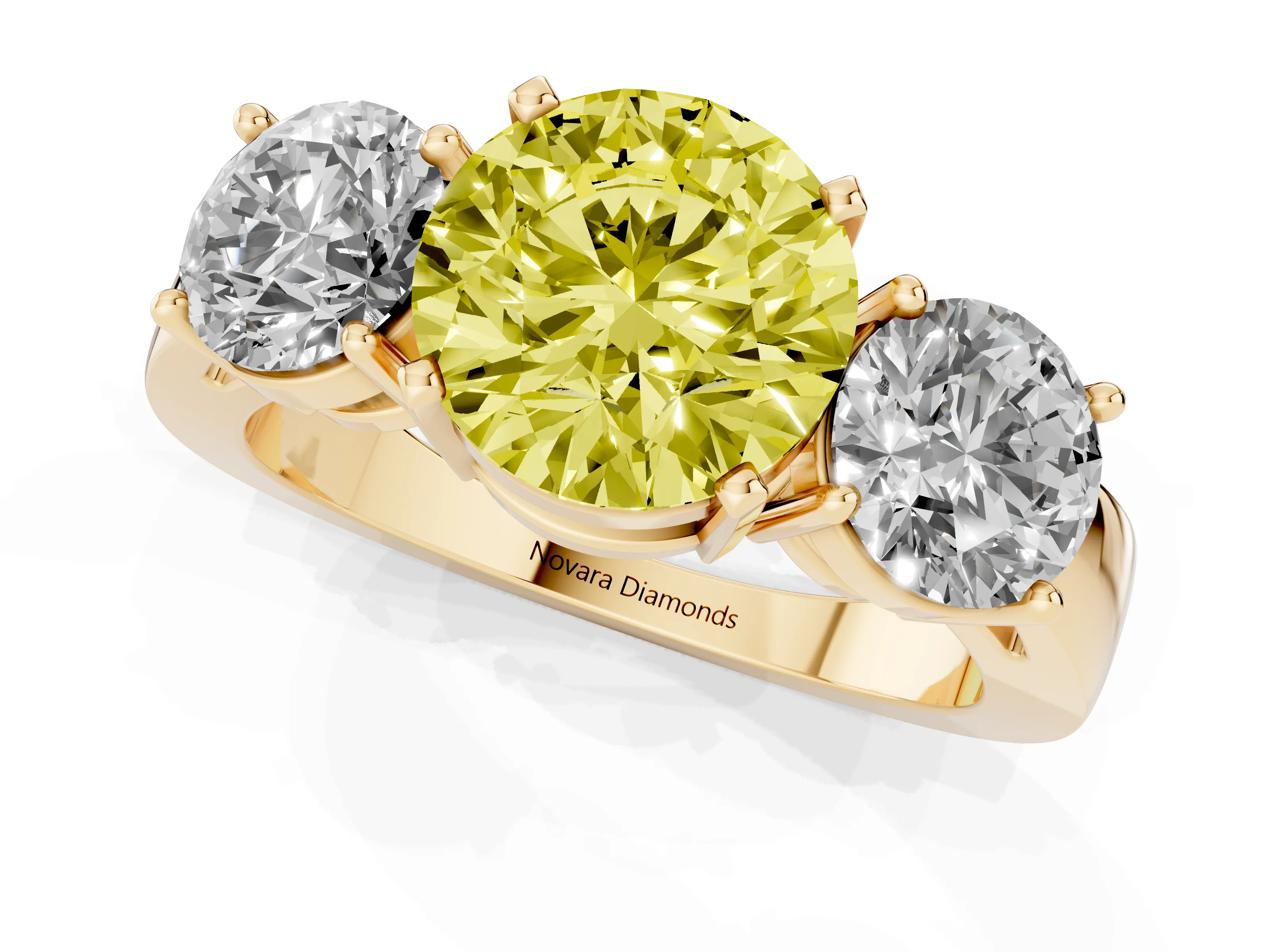 Fancy Yellow Round Cut Diamond Three-Stone Ring Set in Yellow gold with Round Side Stones and Classic Band
