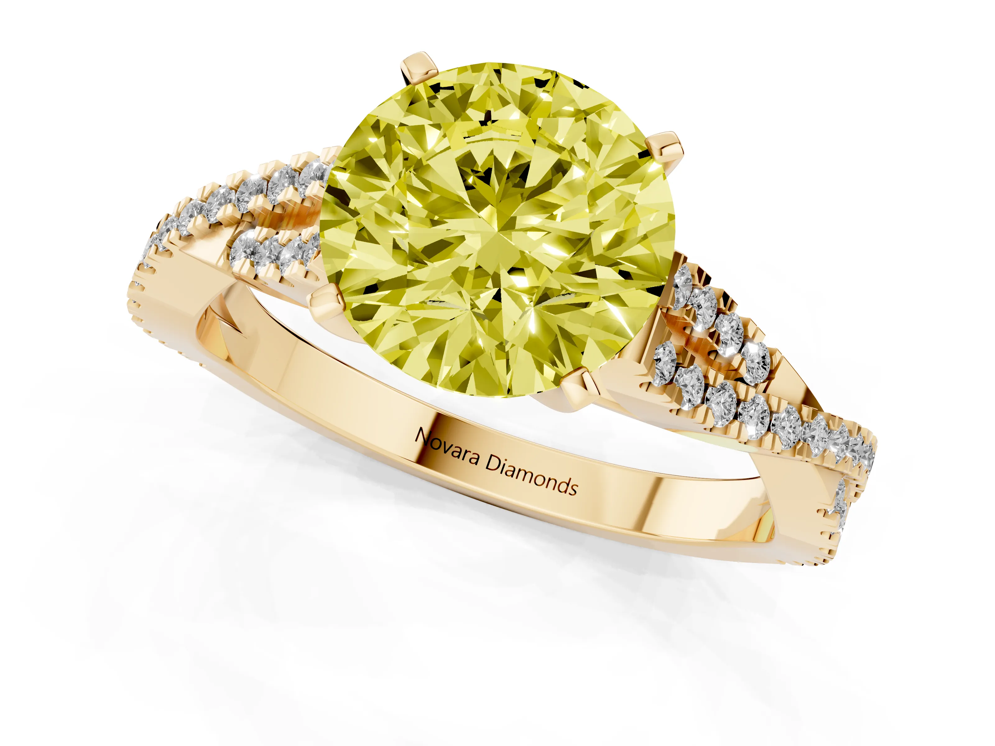 Fancy Yellow Round Cut Diamond Solitaire Engagement Ring Set in Yellow gold with Twisted Pavé Band and Prong Setting