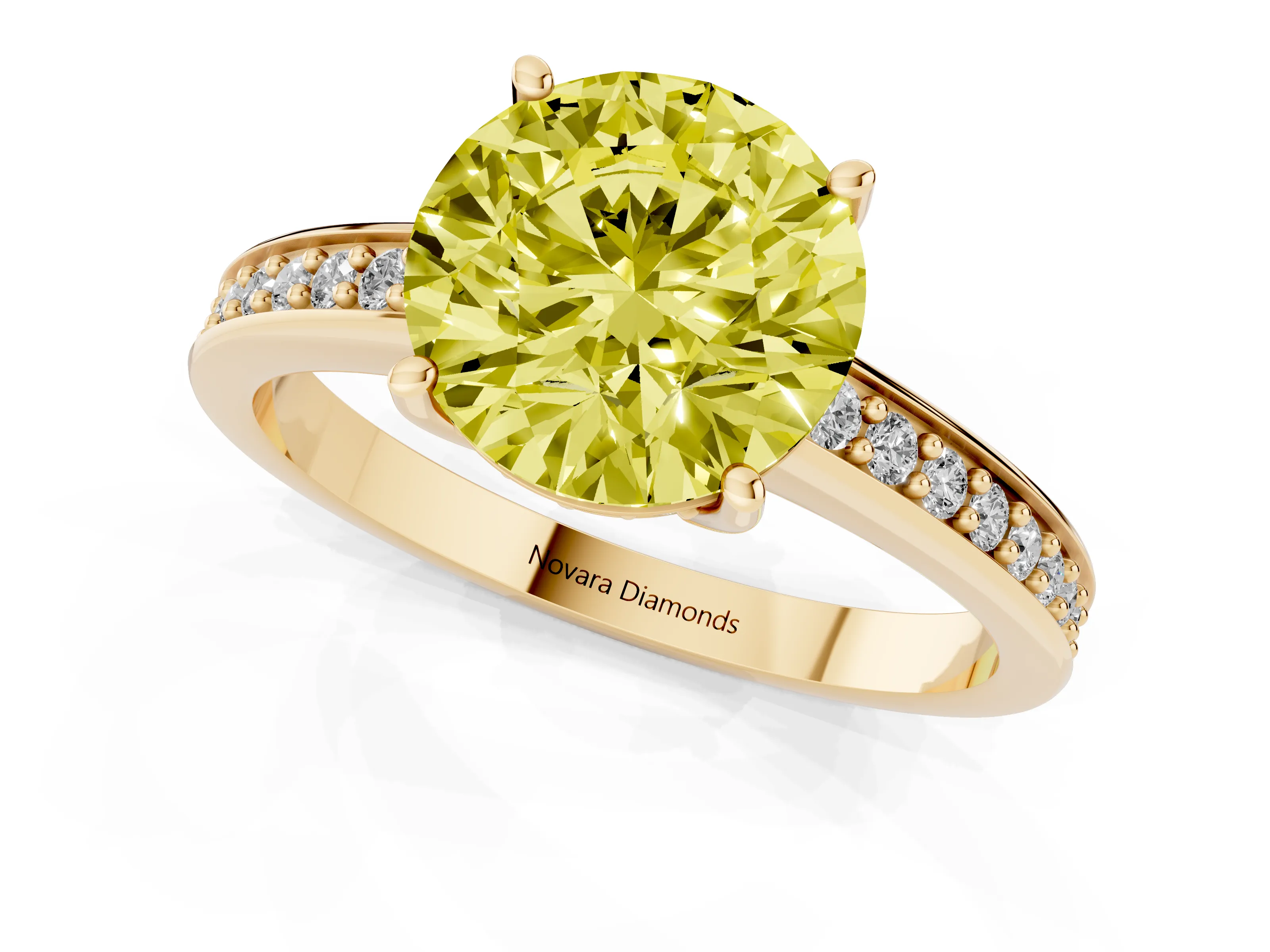 Fancy Yellow Round Cut Diamond Pavé Band Prong Set Solitaire Ring Set in Yellow gold