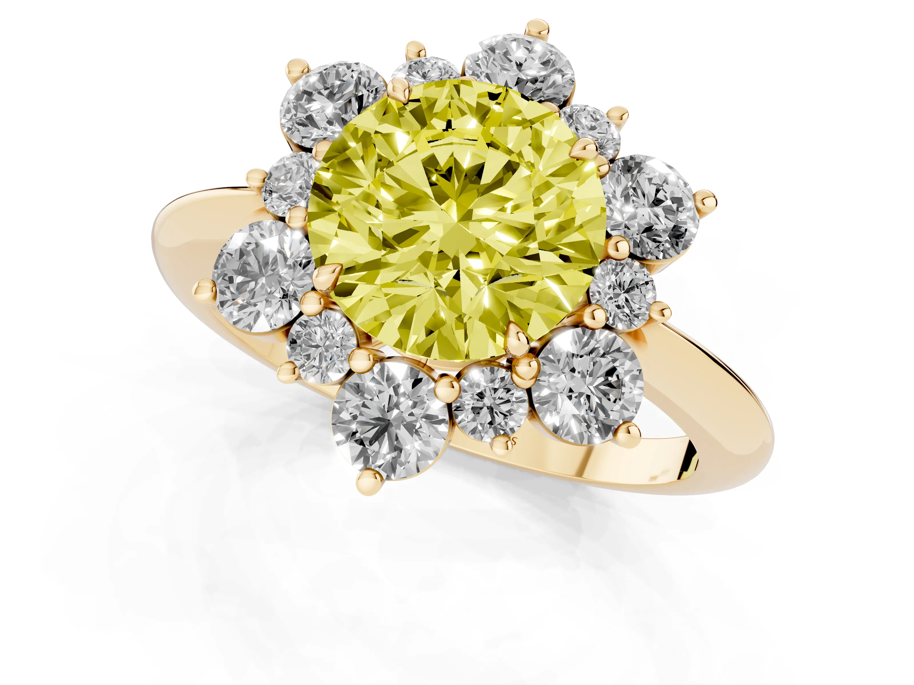Fancy Yellow Round Cut Diamond Cluster Halo Ring Set in Yellow gold with Solitaire Band and Prong Setting