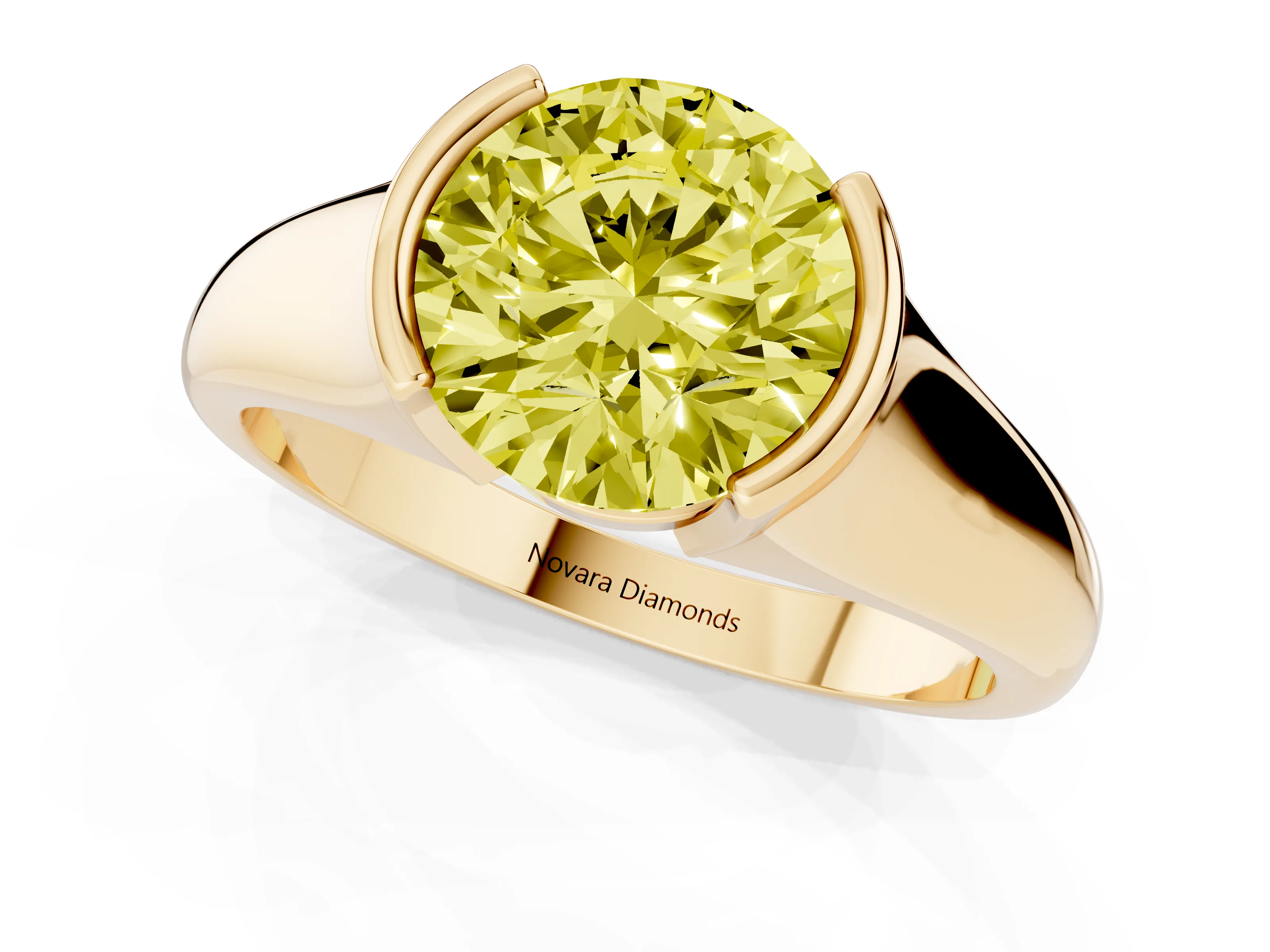 Fancy Yellow Round Cut Diamond Solitaire Tension Set Ring Set in Yellow gold with Split Shank Band