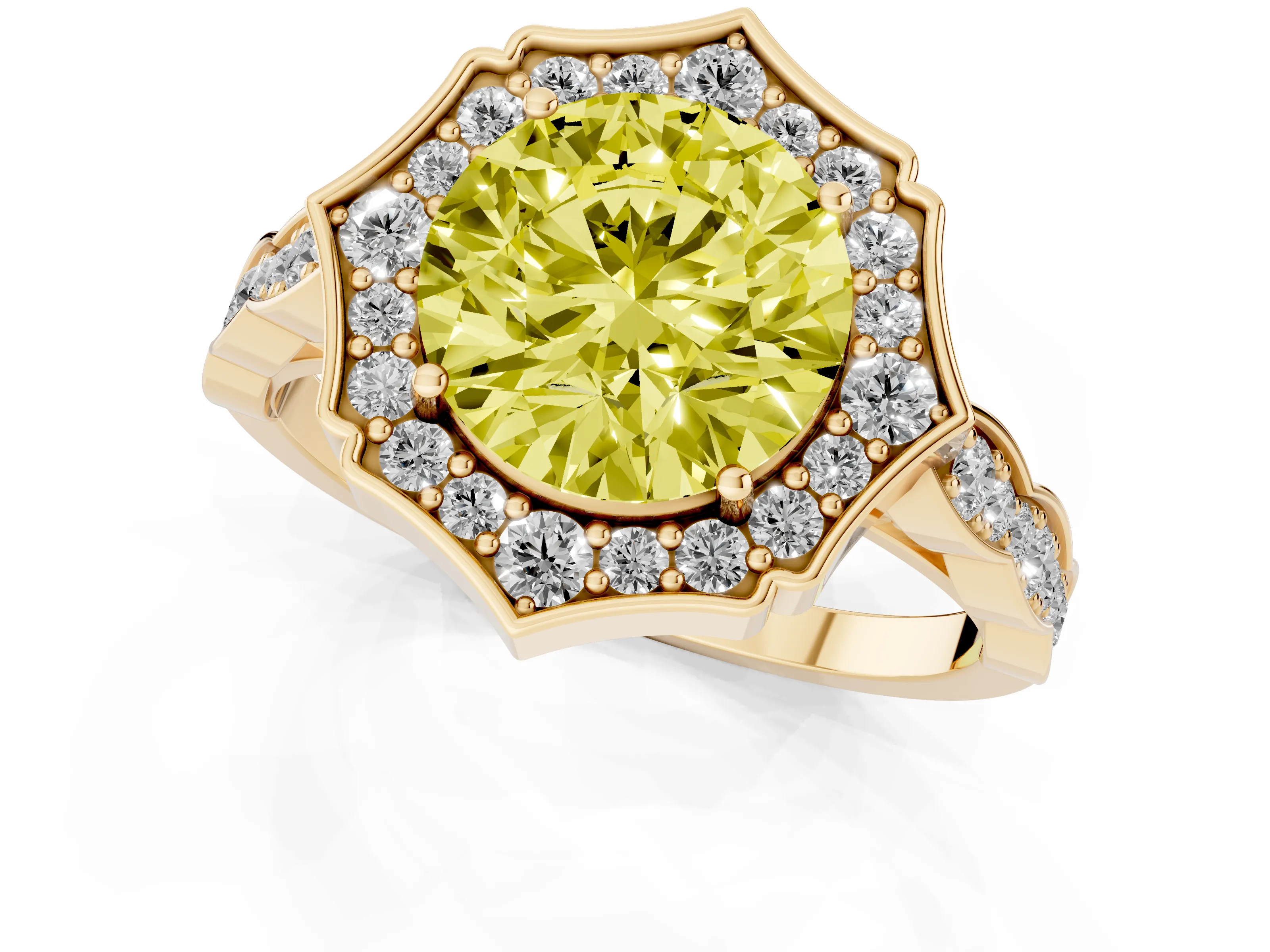 Fancy Yellow Round Cut Diamond Halo Engagement Ring Set in Yellow gold with Milgrain Band and Prong Setting