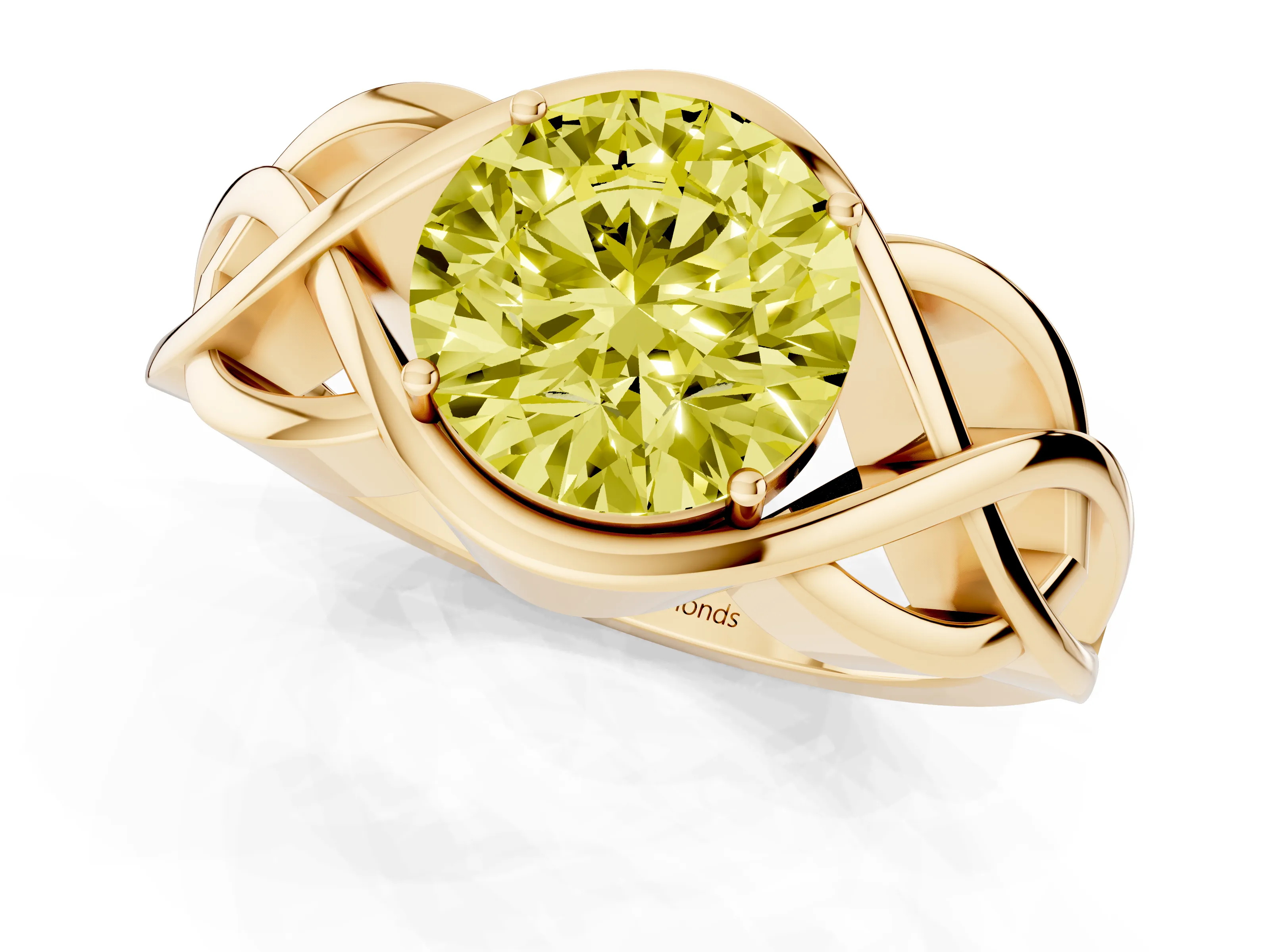 Fancy Yellow Round Cut Diamond Solitaire Ring Set in Yellow gold with Intertwined Band