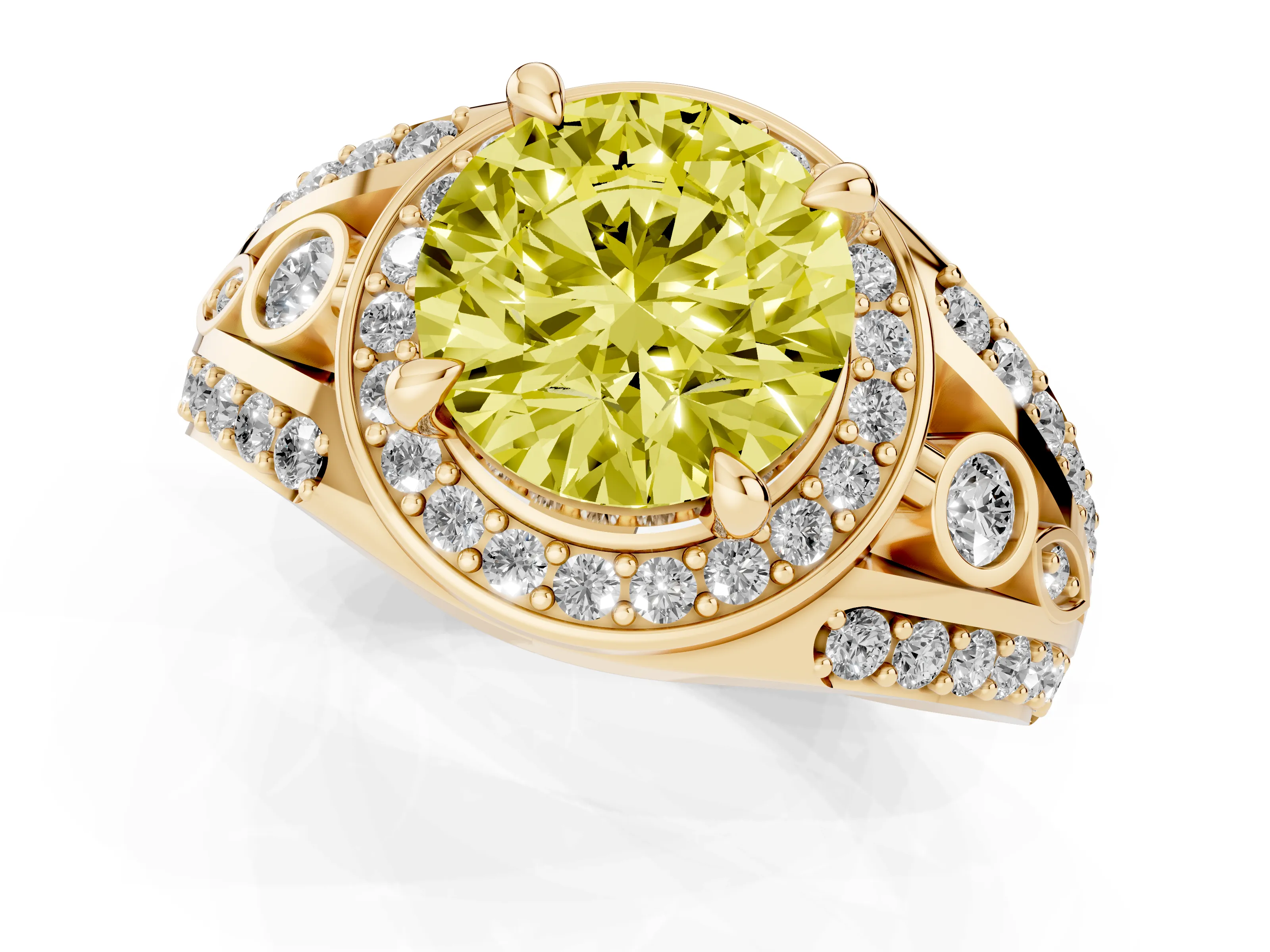 Fancy Yellow Round Cut Diamond Halo Ring Set in Yellow gold with Pavé Split Shank and Bezel Accents