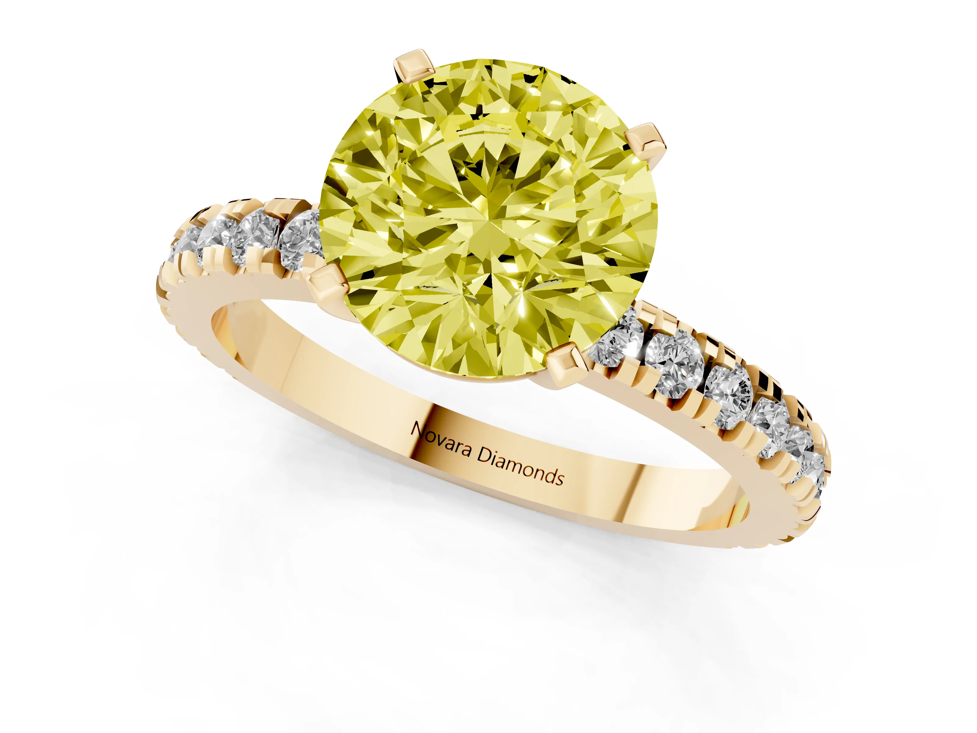 Fancy Yellow Round Cut Diamond Pavé Band Solitaire Set in Yellow gold with Prong Setting