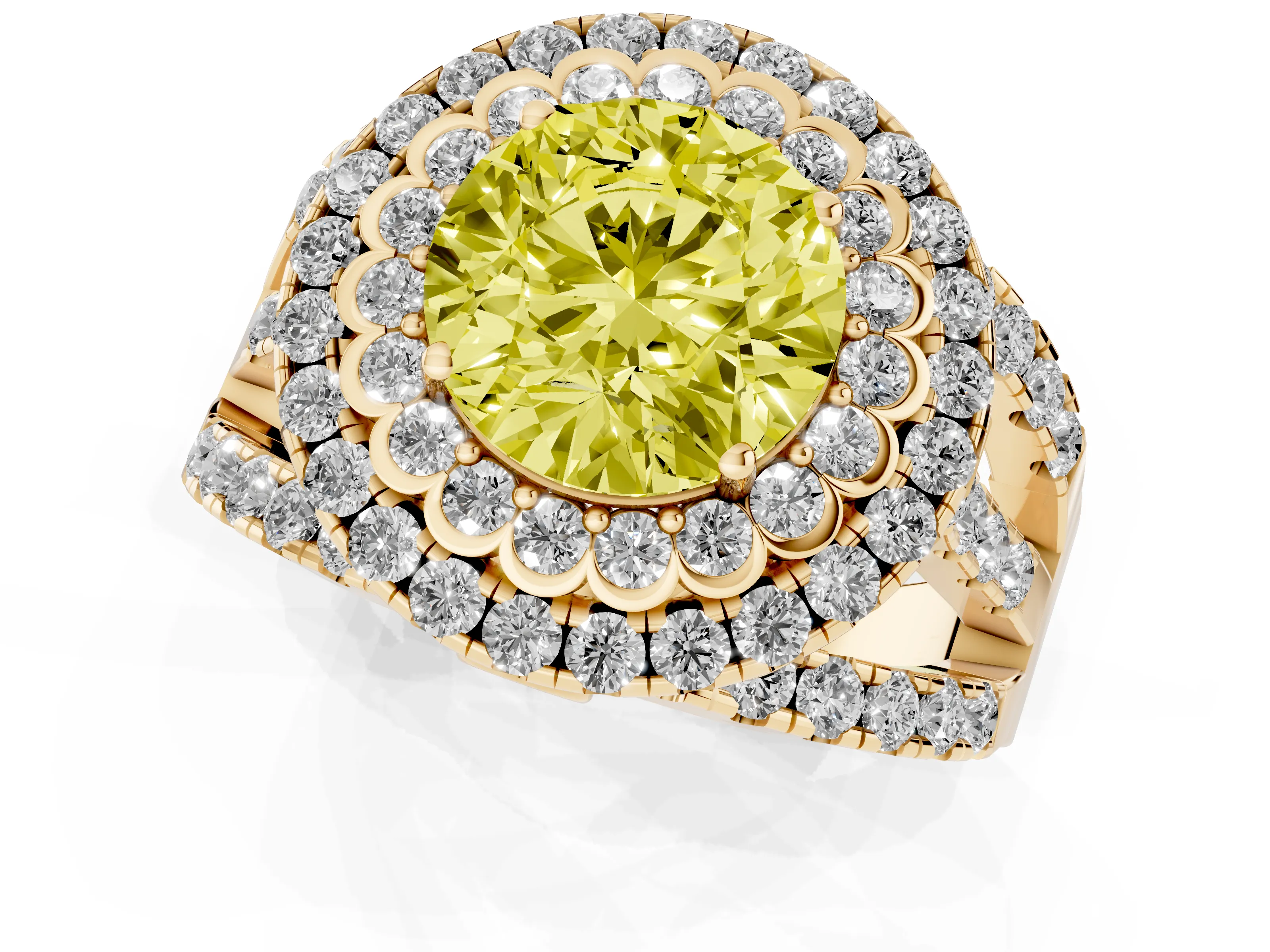 Fancy Yellow Round Cut Diamond Double Halo Ring Set in Yellow gold with Round Pavé Split Shank