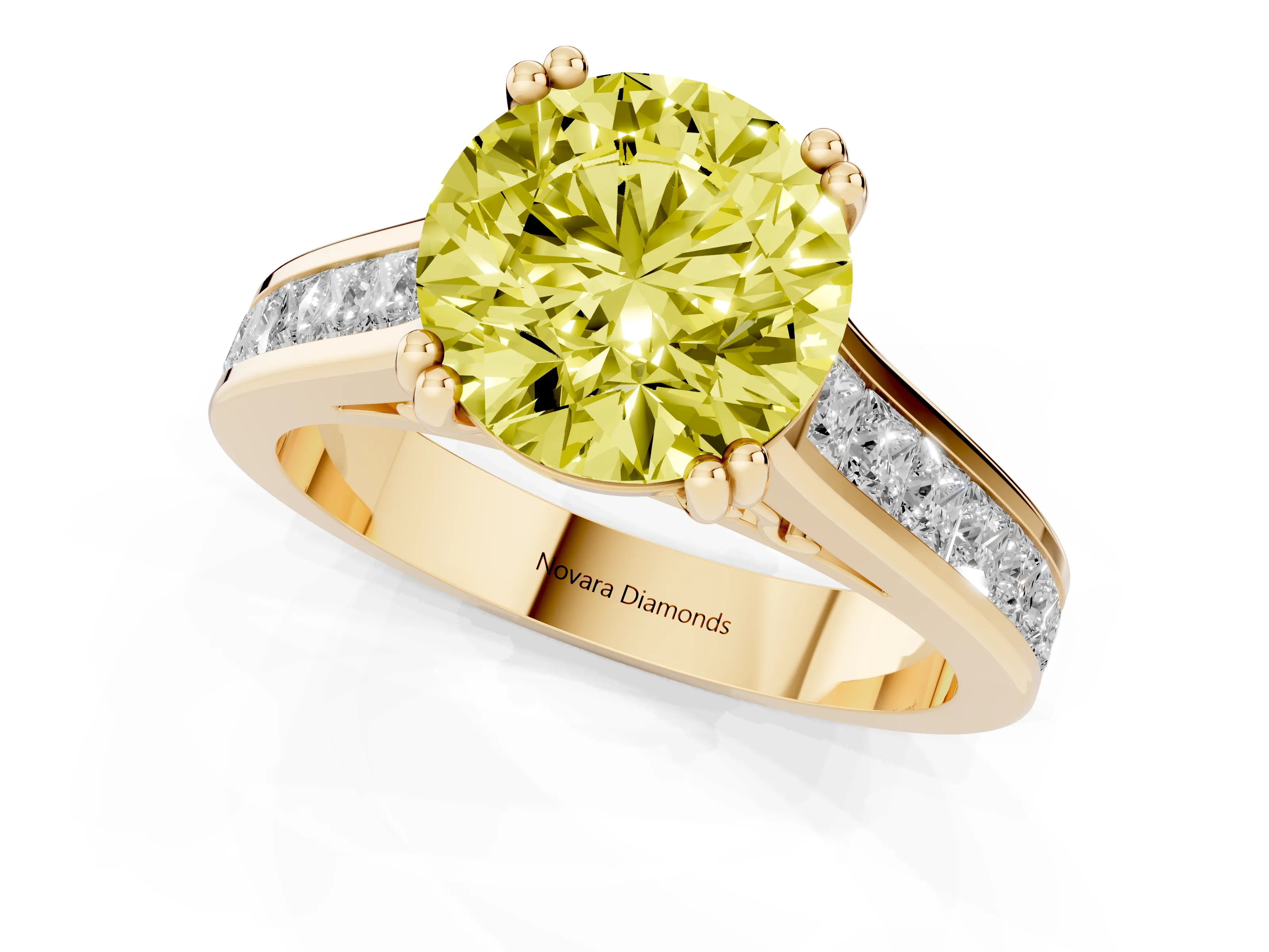 Fancy Yellow Round Cut Diamond Channel Set Solitaire Engagement Ring Set in Yellow gold with Prong Setting