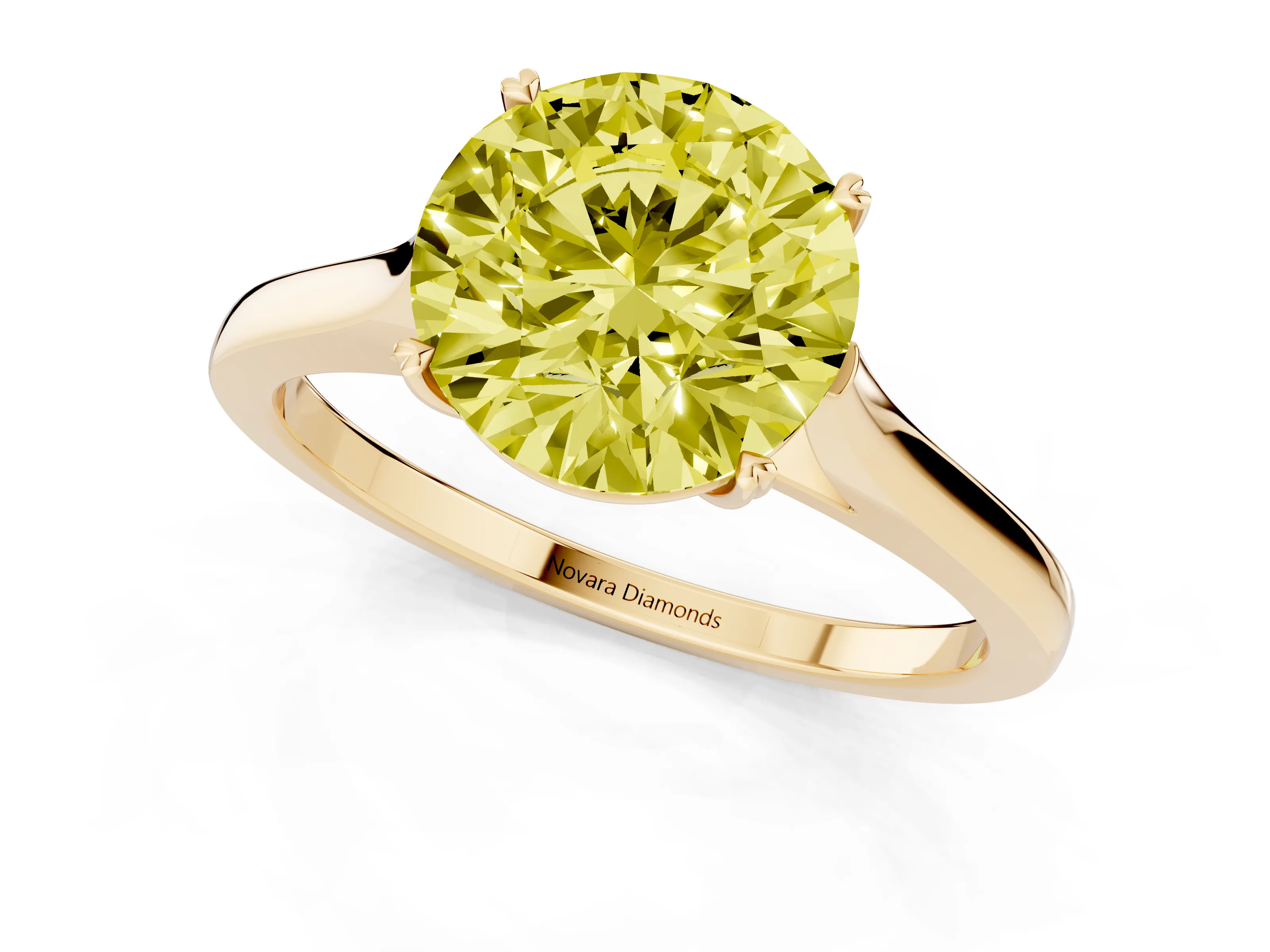 Fancy Yellow Round Cut Diamond Solitaire Heart Prong Engagement Ring Set in Yellow gold with Tapered Band
