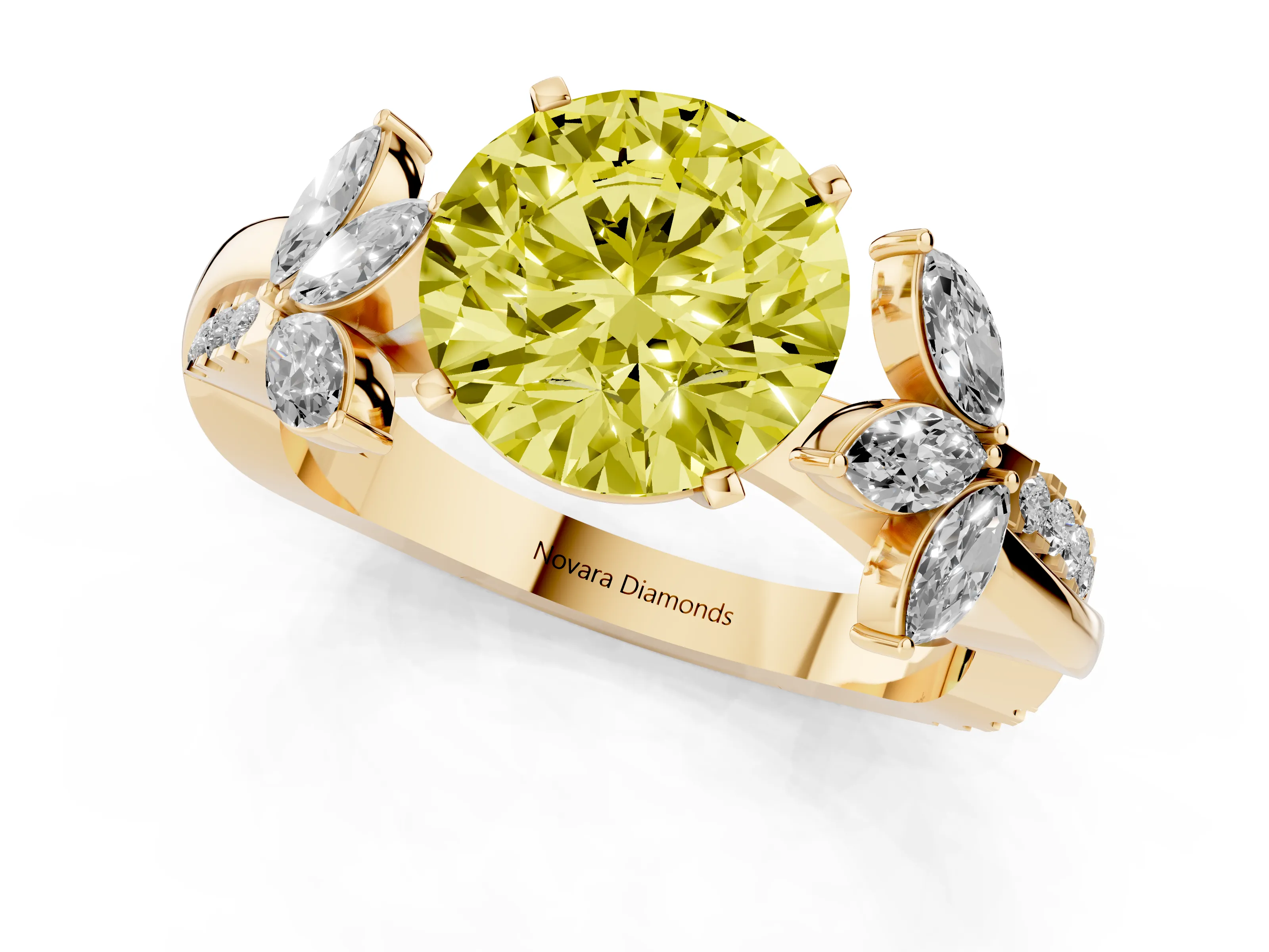 Fancy Yellow Round Cut Diamond Floral Vine Solitaire Engagement Ring Set in Yellow gold with Marquise Leaves