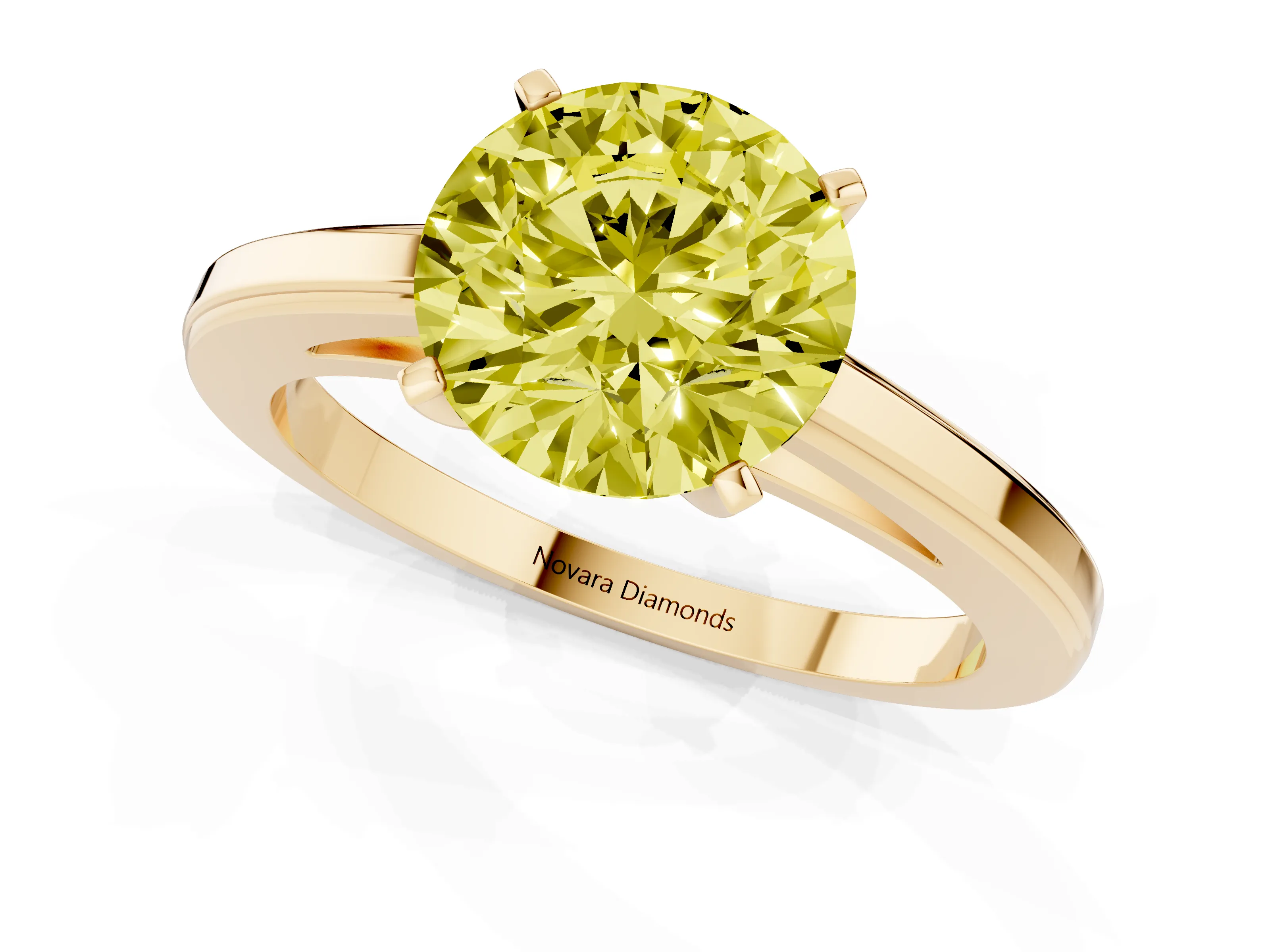 Fancy Yellow Round Cut Diamond Solitaire Ring Set in Yellow gold with Prong Setting and Classic Band